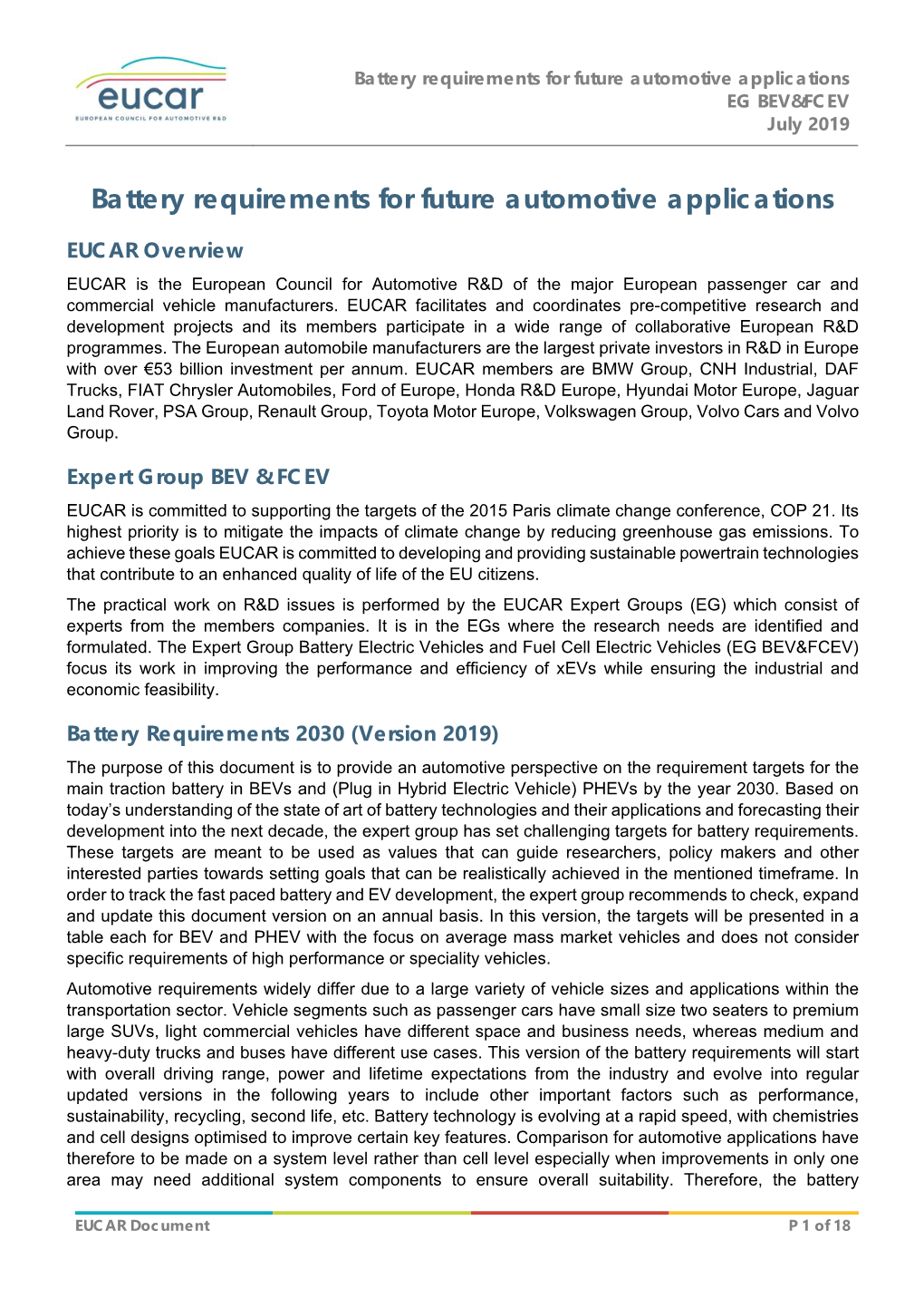 Battery Requirements for Future Automotive Applications EG BEV&FCEV July 2019