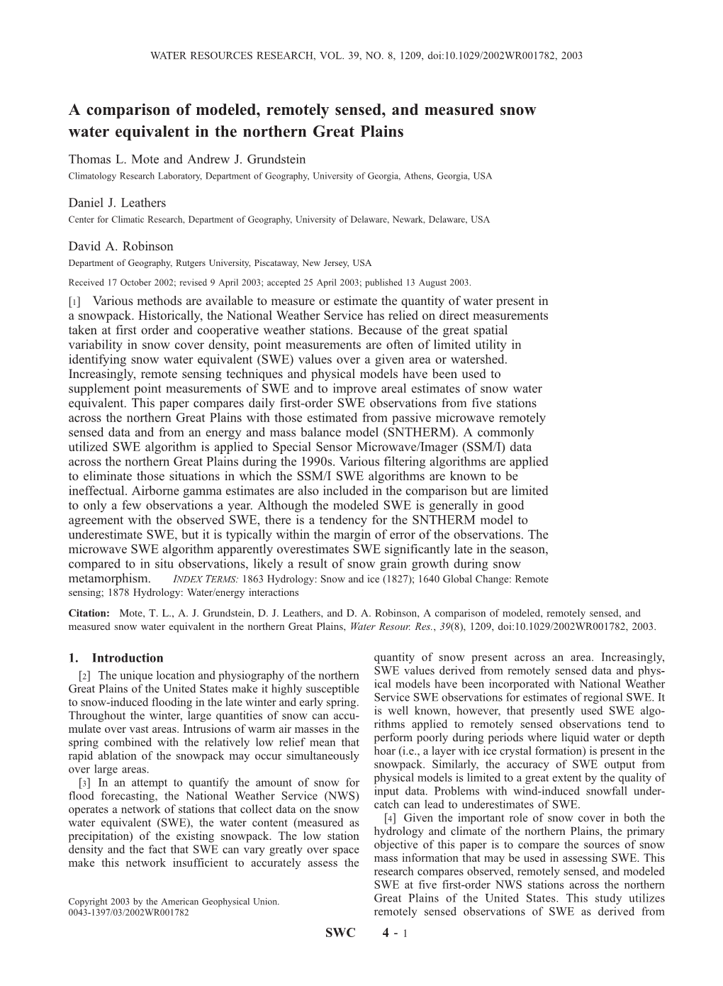 A Comparison of Modeled, Remotely Sensed, and Measured Snow Water Equivalent in the Northern Great Plains Thomas L