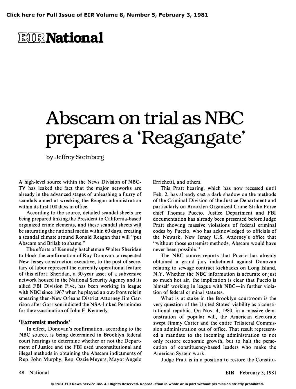 Abscam on Trial As NBC Prepares a 'Reagangate'