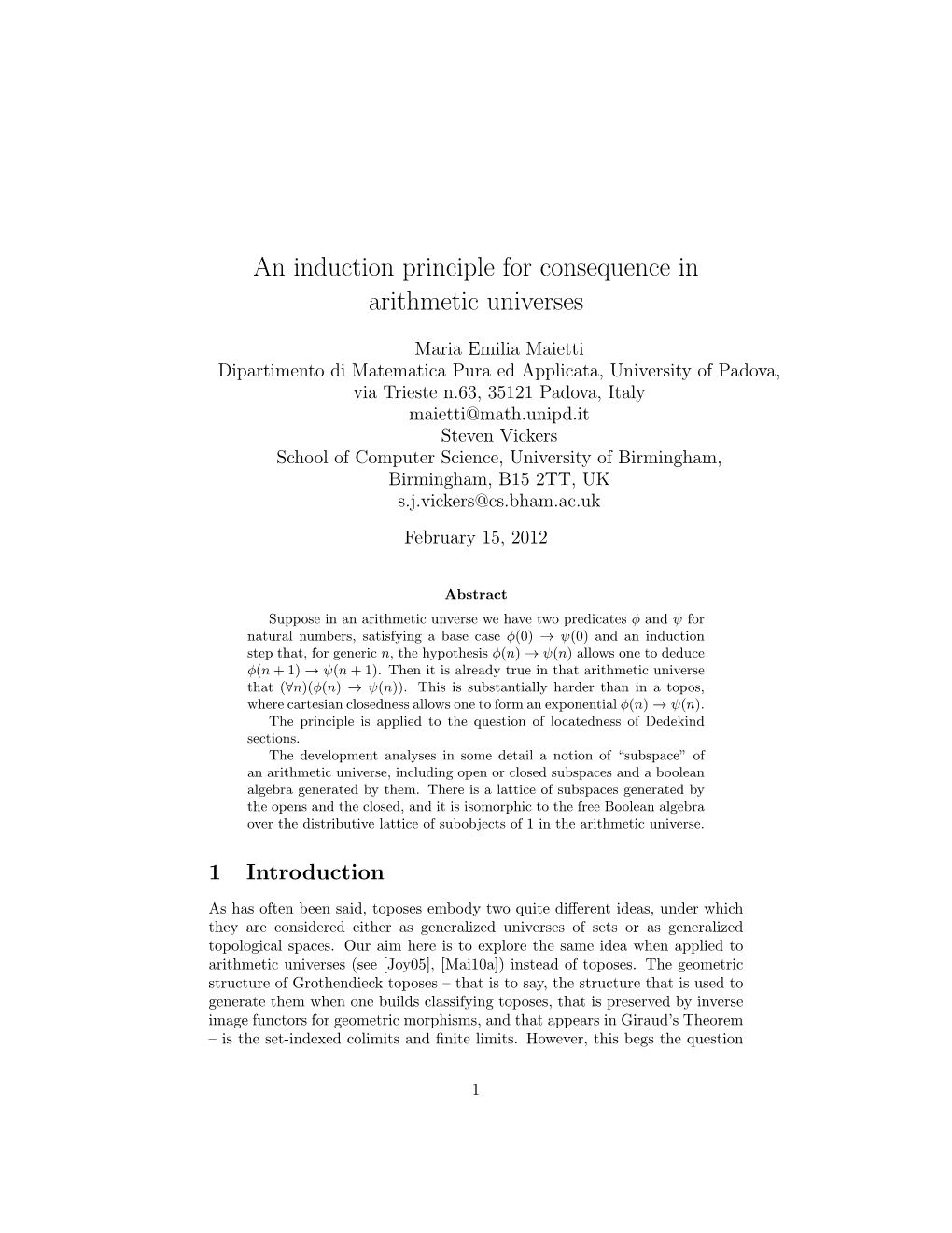 An Induction Principle for Consequence in Arithmetic Universes