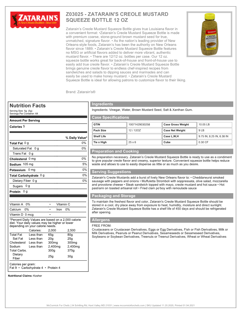 ZATARAIN's CREOLE MUSTARD SQUEEZE BOTTLE 12 OZ Nutrition