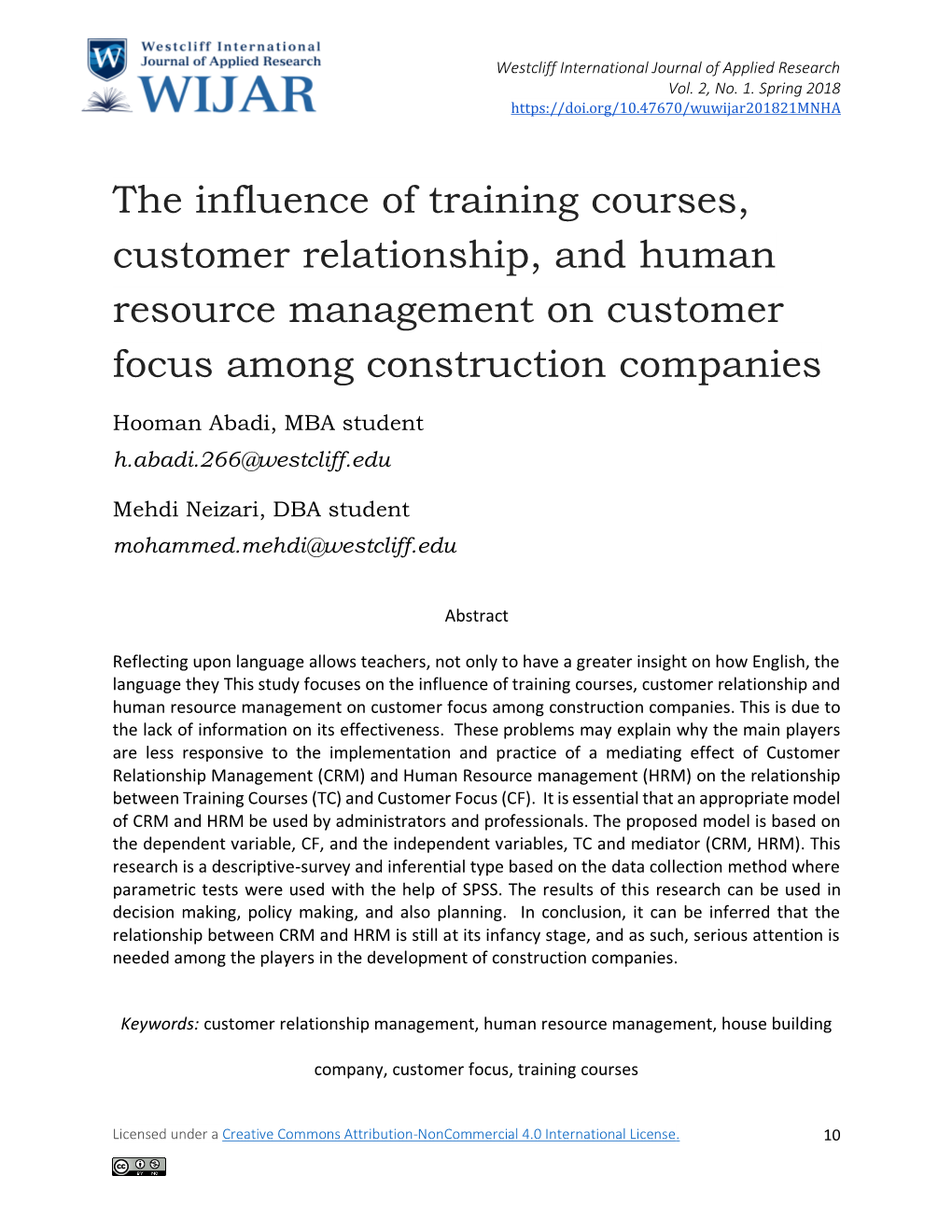 The Influence of Training Courses, Customer Relationship, and Human Resource Management on Customer Focus Among Construction Companies