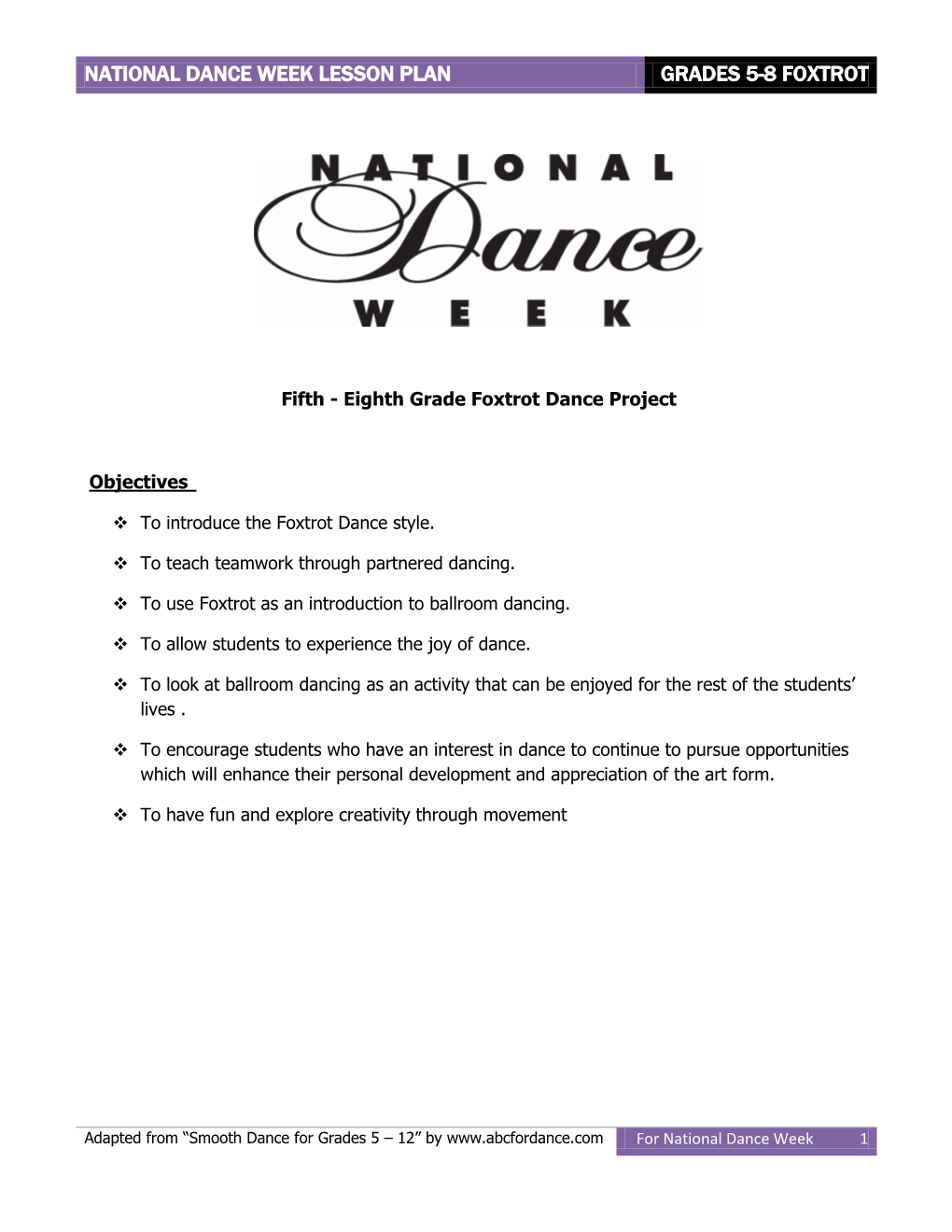 National Dance Week Lesson Plan Grades 5-8 Foxtrot