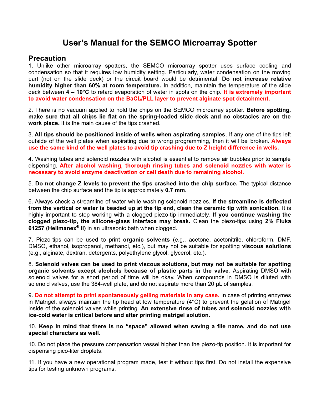 User S Manual for the SEMCO Microarray Spotter