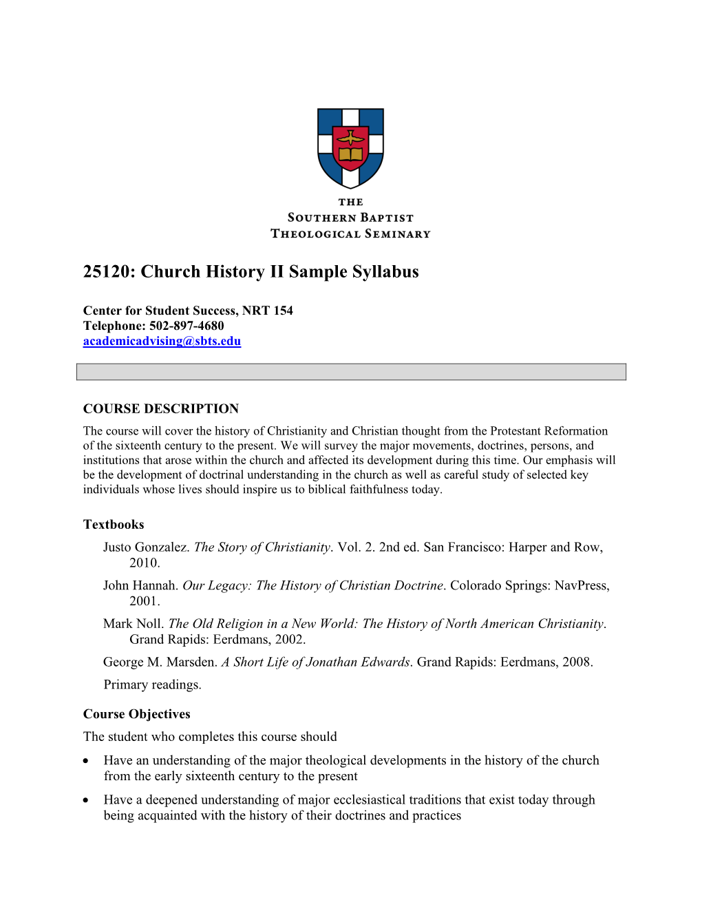 Church History 2 Sample Syllabus