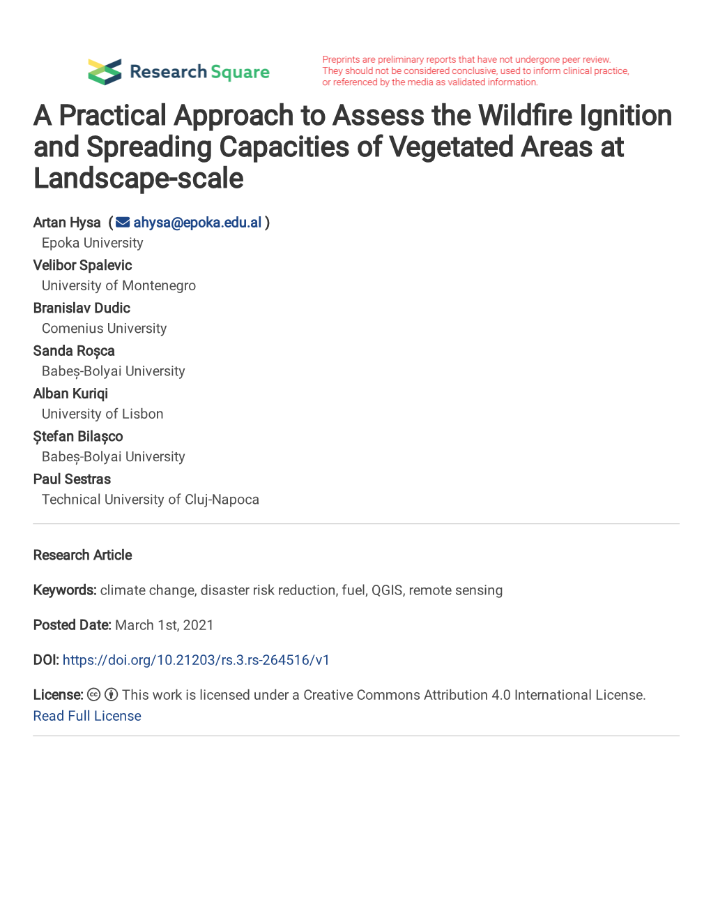 A Practical Approach to Assess the Wild Re Ignition and Spreading Capacities of Vegetated Areas at Landscape-Scale