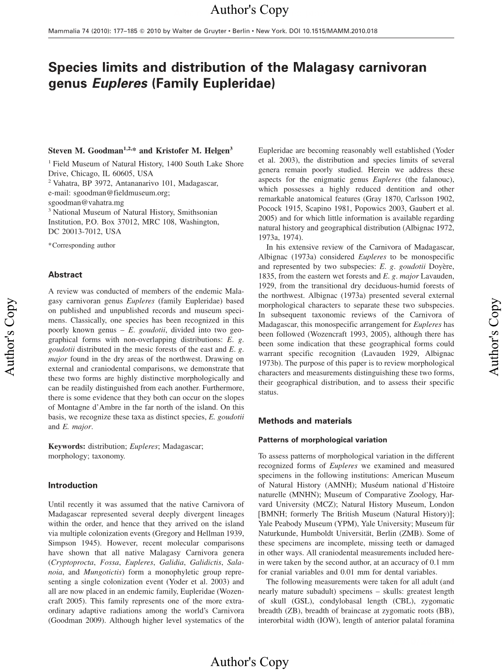 Species Limits and Distribution of the Malagasy Carnivoran Genus Eupleres (Family Eupleridae)