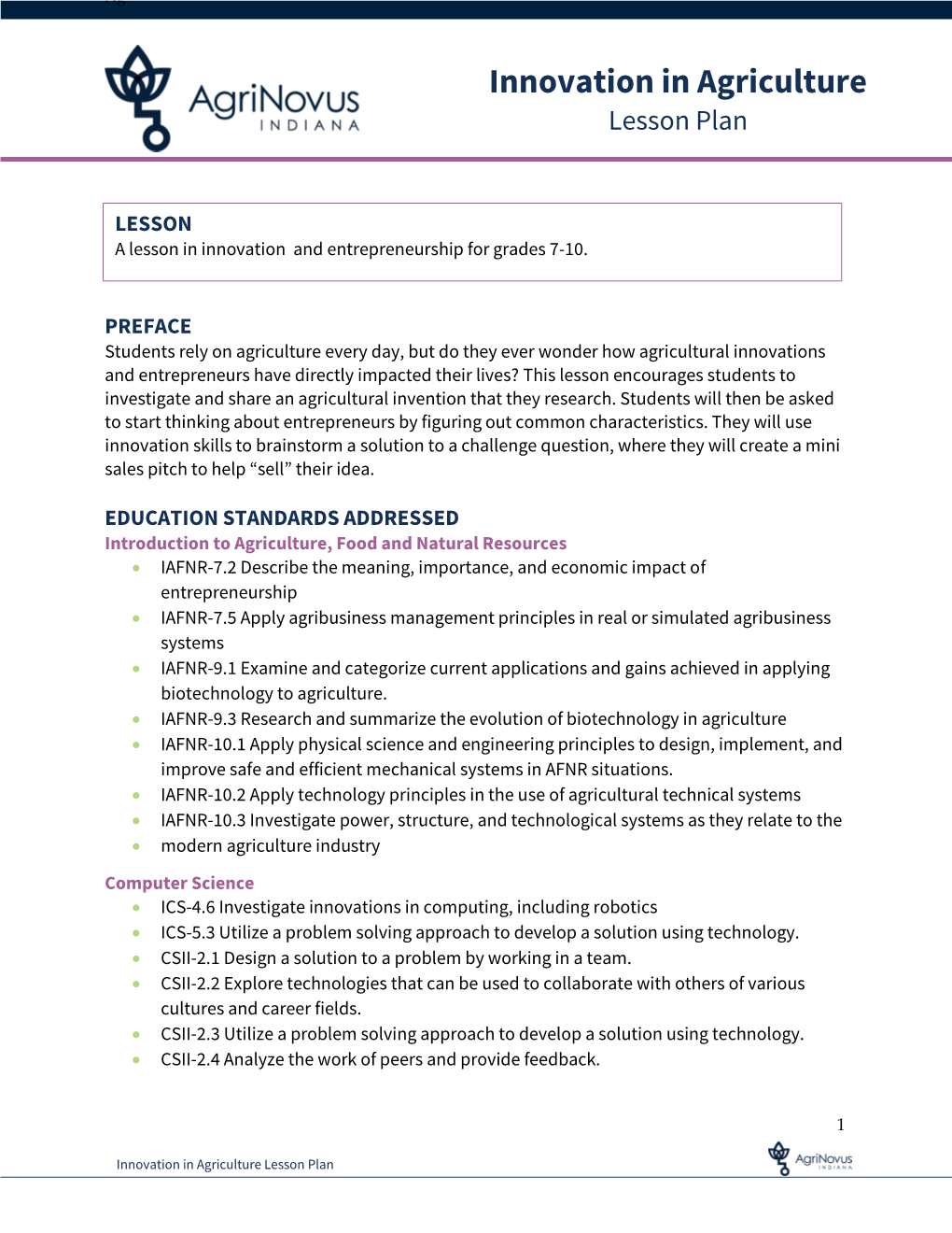 Innovation in Agriculture Lesson Plan