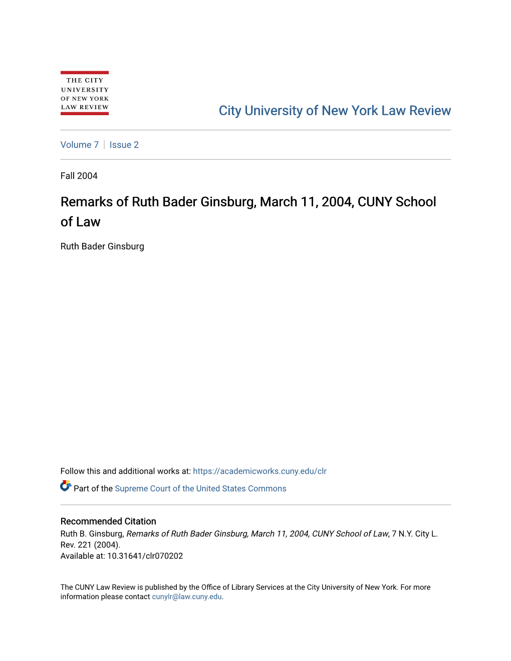 Remarks of Ruth Bader Ginsburg, March 11, 2004, CUNY School of Law