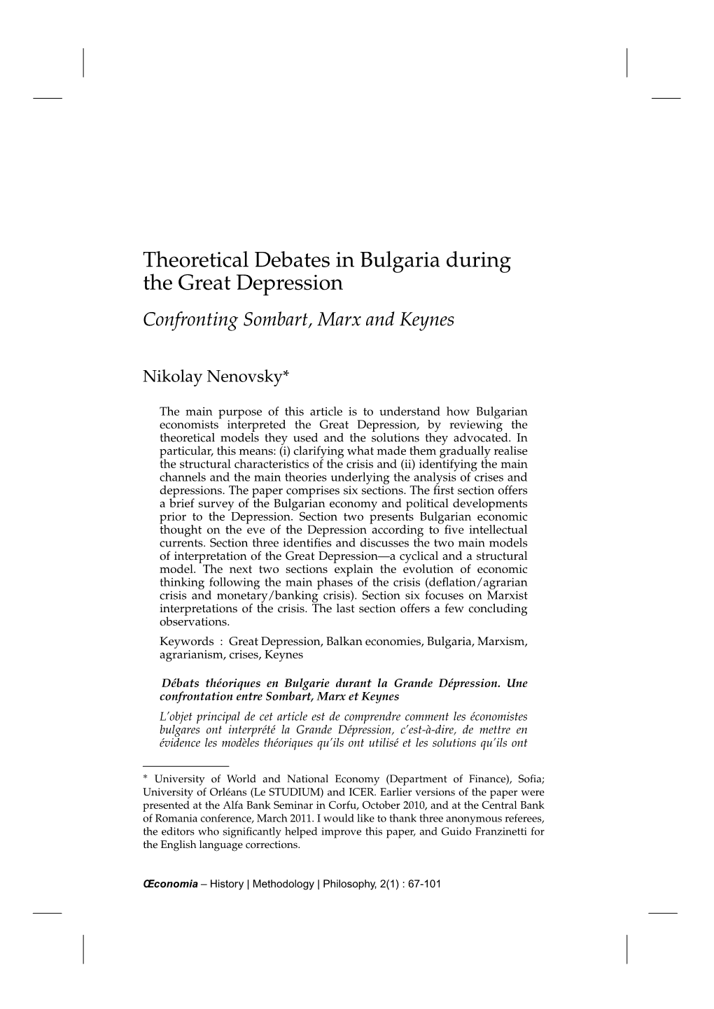 Theoretical Debates in Bulgaria During the Great Depression Confronting Sombart, Marx and Keynes