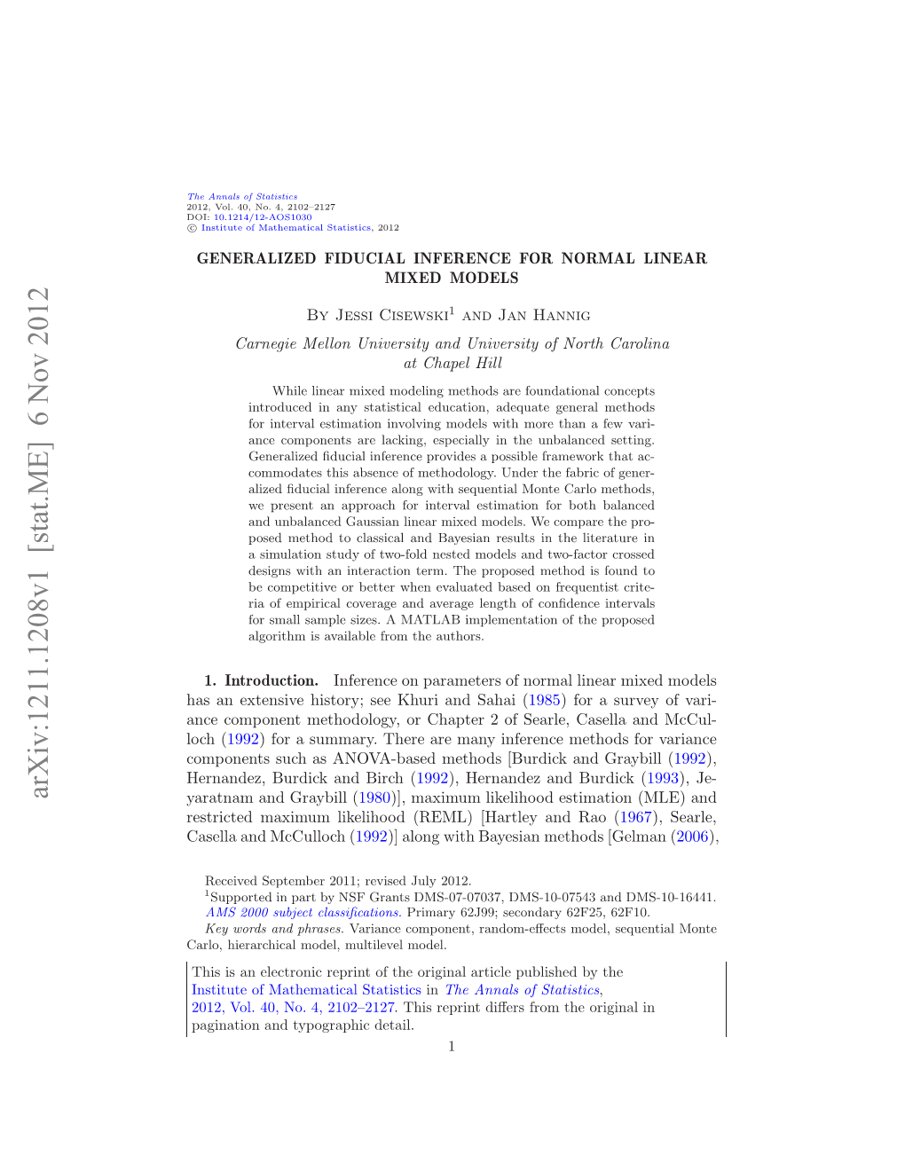 Generalized Fiducial Inference for Normal Linear Mixed Models