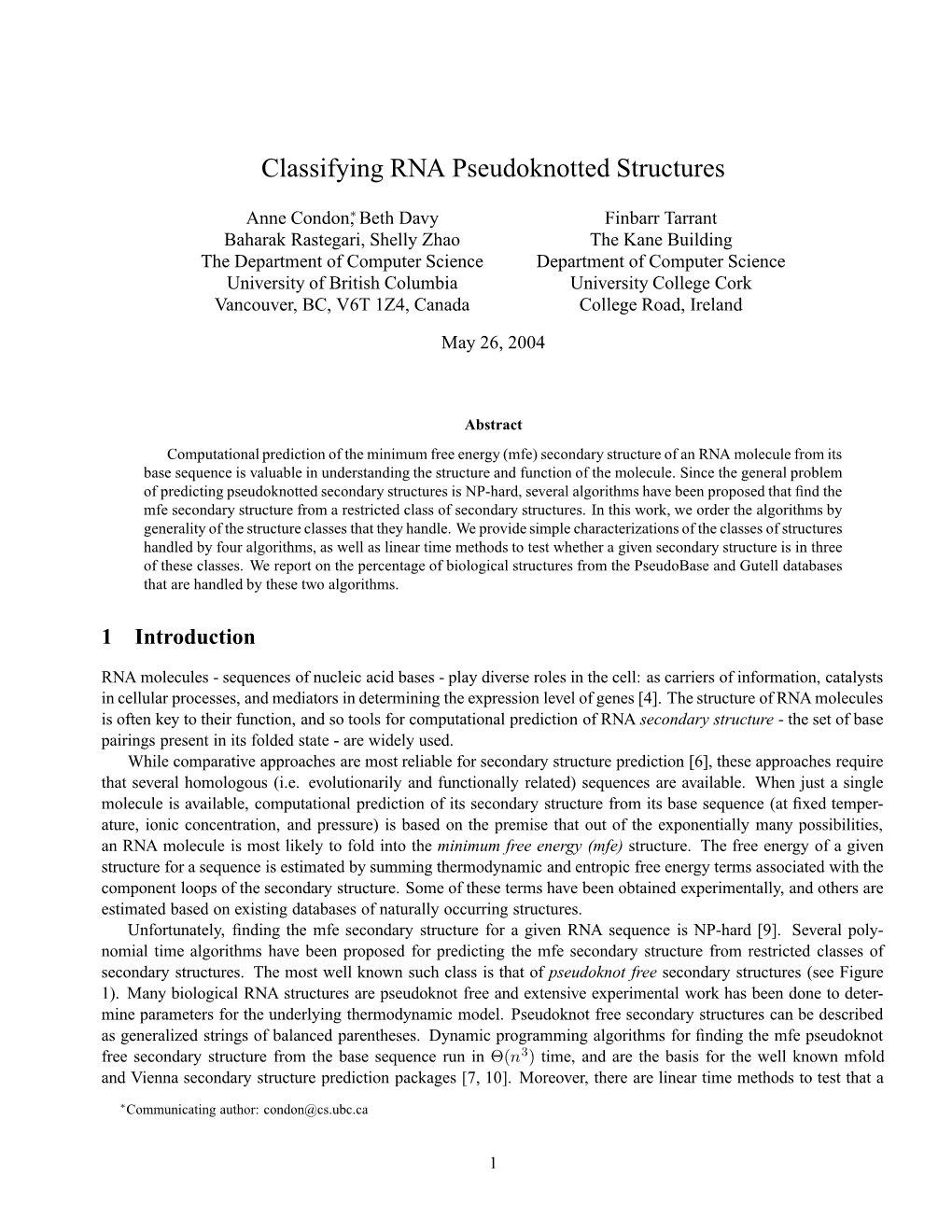 Classifying RNA Pseudoknotted Structures