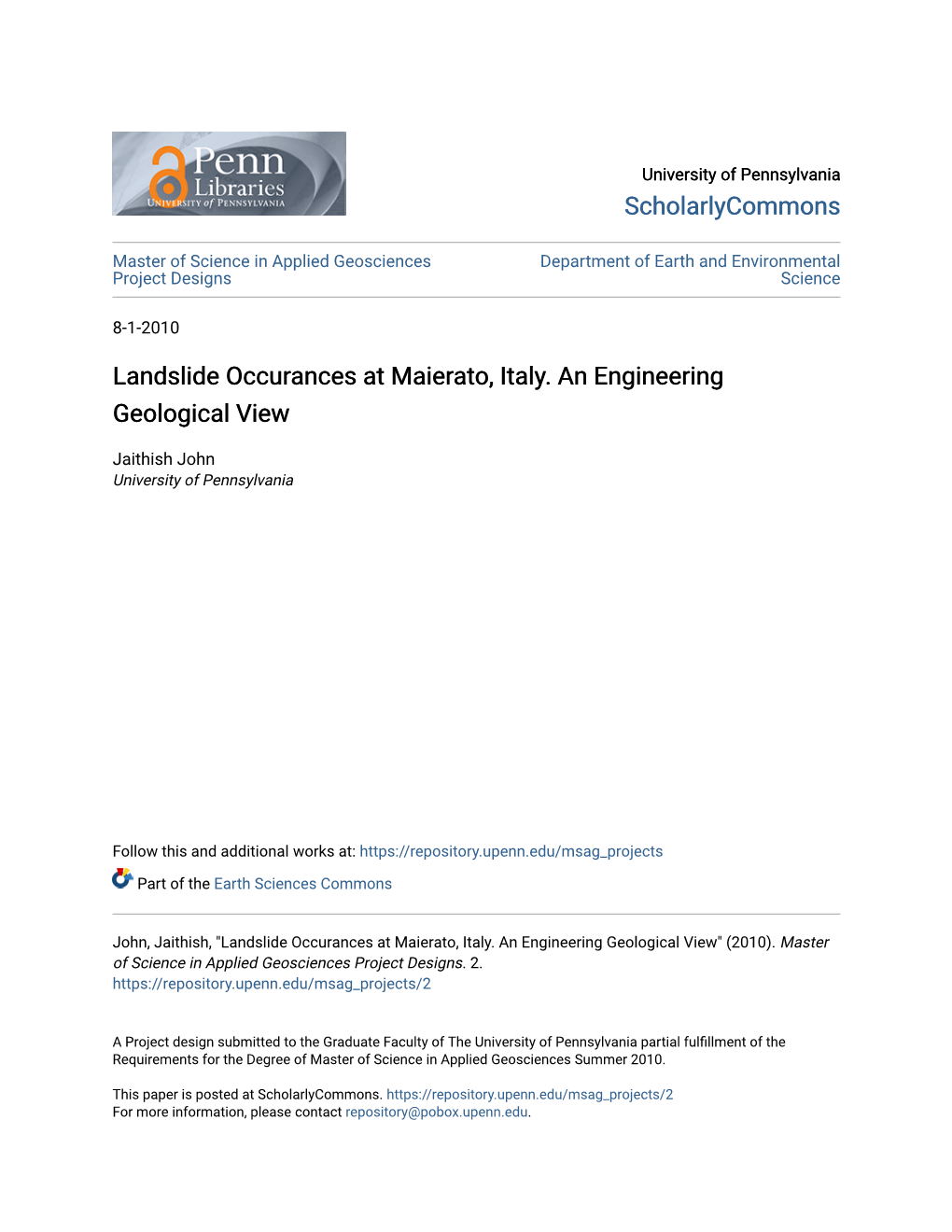 Landslide Occurances at Maierato, Italy. an Engineering Geological View