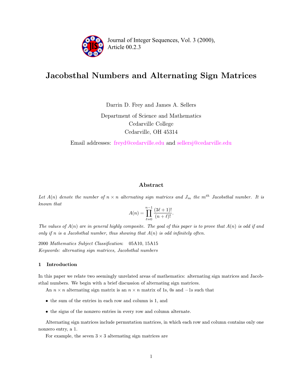 Jacobsthal Numbers and Alternating Sign Matrices