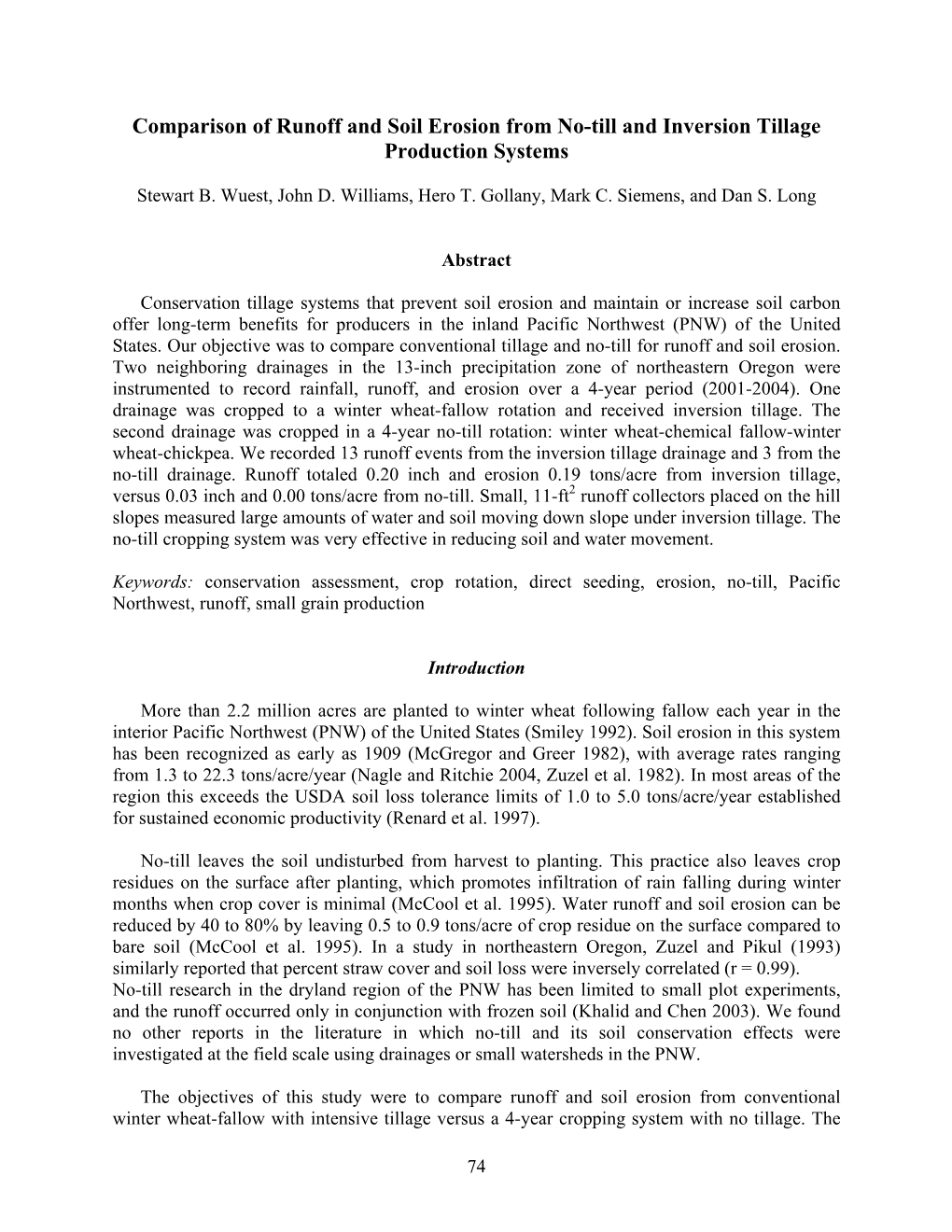 Comparison of Runoff and Soil Erosion from No-Till and Inversion Tillage Production Systems