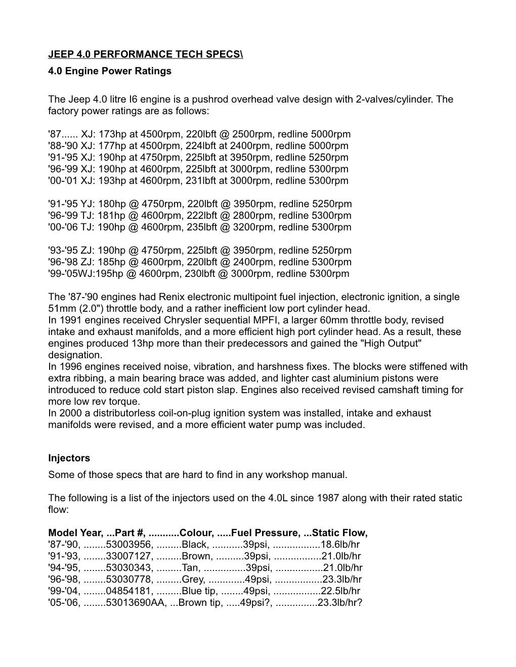 JEEP 4.0 PERFORMANCE TECH SPECS\ 4.0 Engine Power Ratings