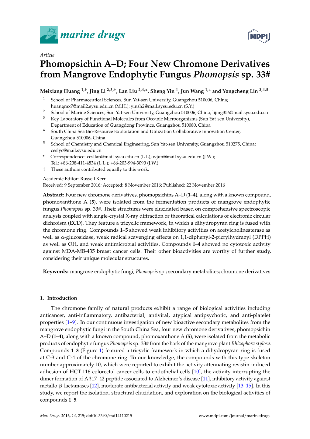 Four New Chromone Derivatives from Mangrove Endophytic Fungus Phomopsis Sp