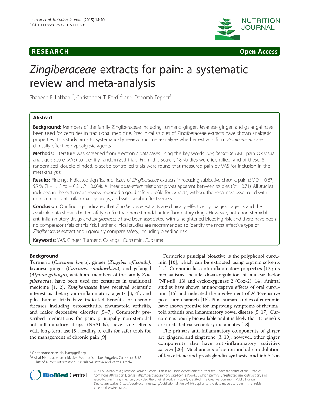 Zingiberaceae Extracts for Pain: a Systematic Review and Meta-Analysis Shaheen E