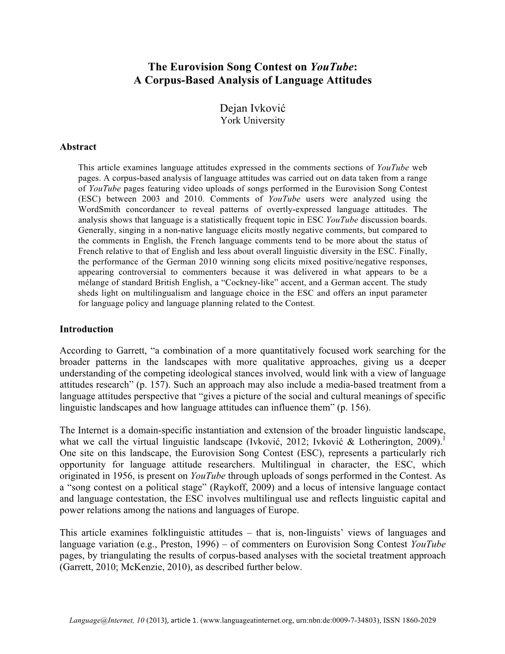 The Eurovision Song Contest on Youtube: a Corpus-Based Analysis of Language Attitudes