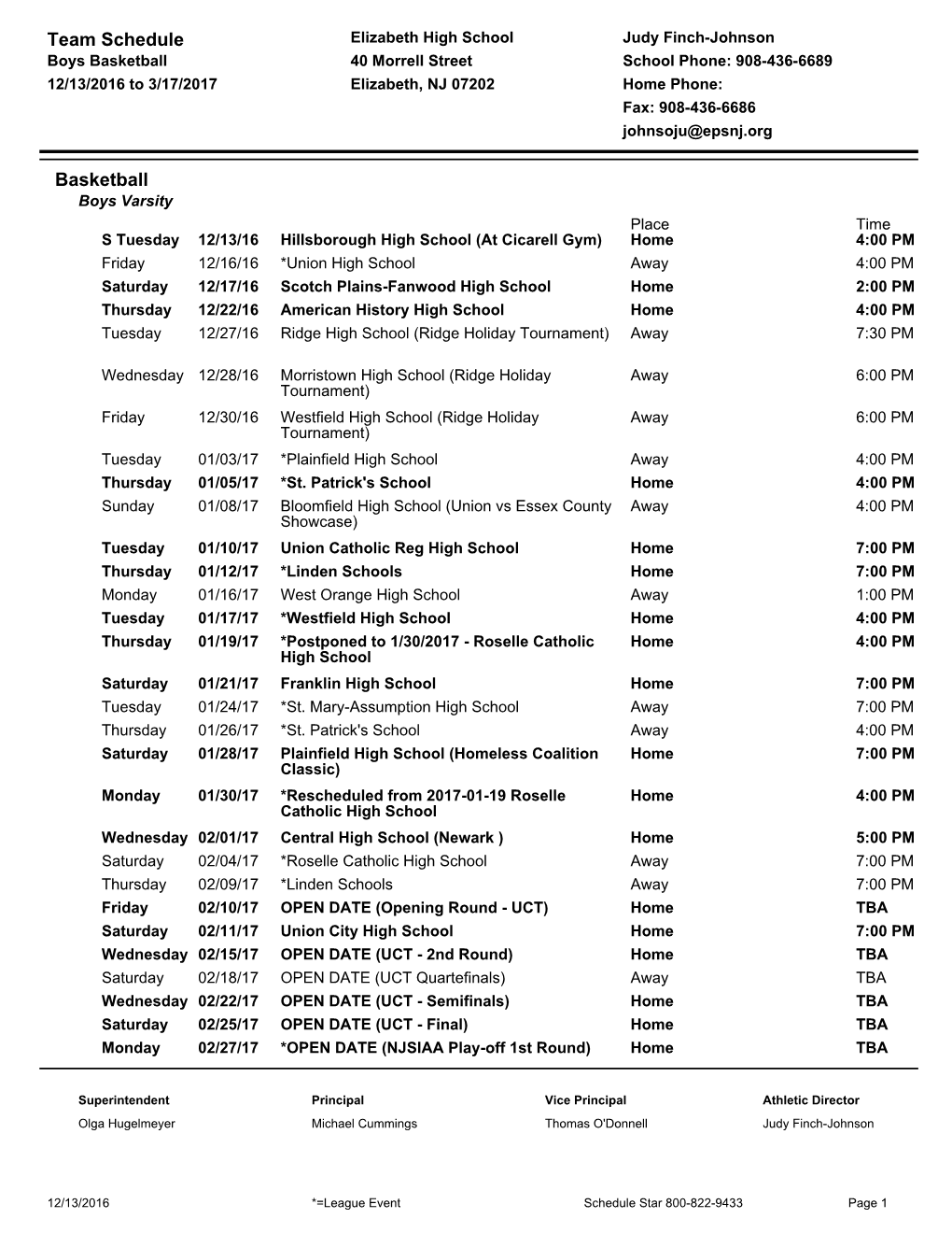 Team Schedule Basketball