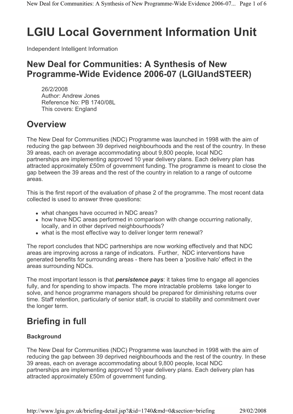 New Deal for Communities: a Synthesis of New Programme-Wide Evidence 2006-07