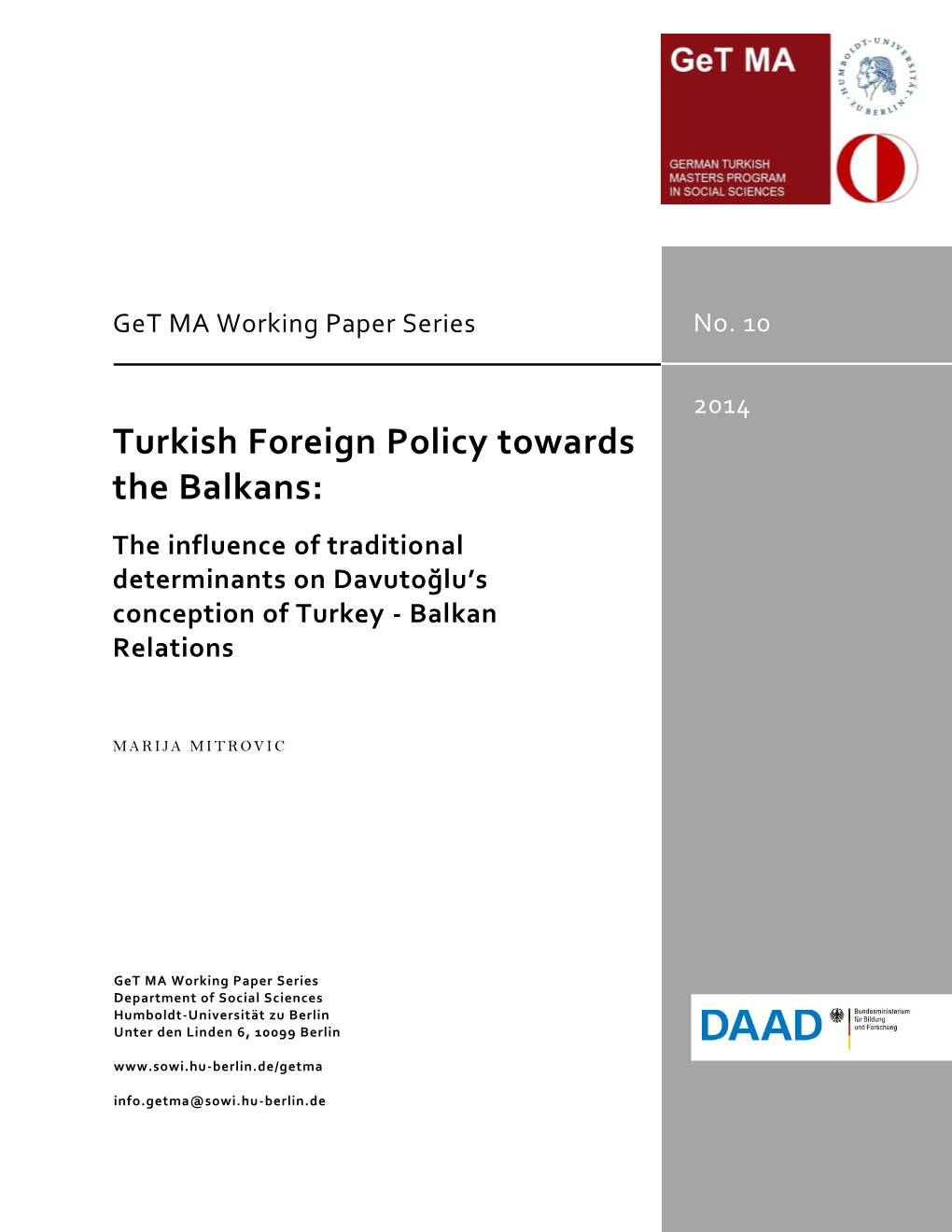 Turkish Foeign Policy Towards the Balkans
