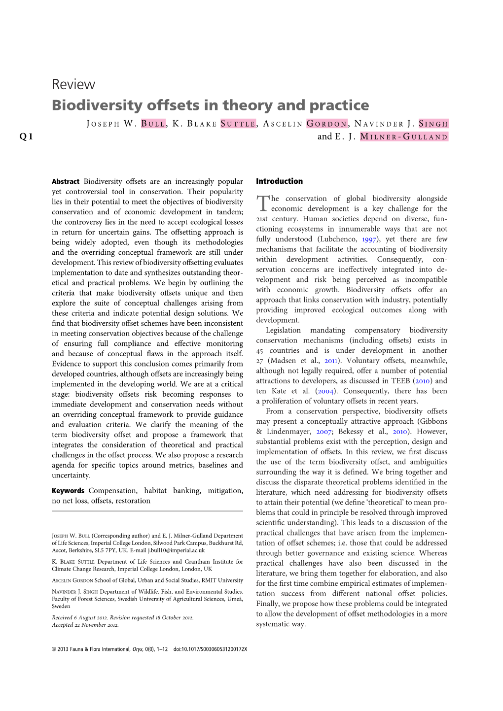 Review Biodiversity Offsets in Theory and Practice