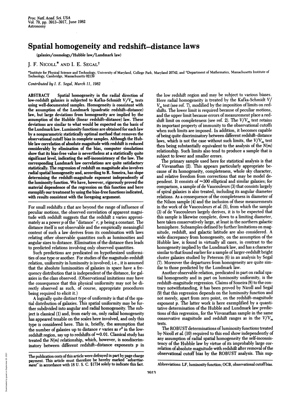 Spatial Homogeneity and Redshift-Distance Laws (Galaxies/Cosmology/Hubble Law/Lundmark Law) J