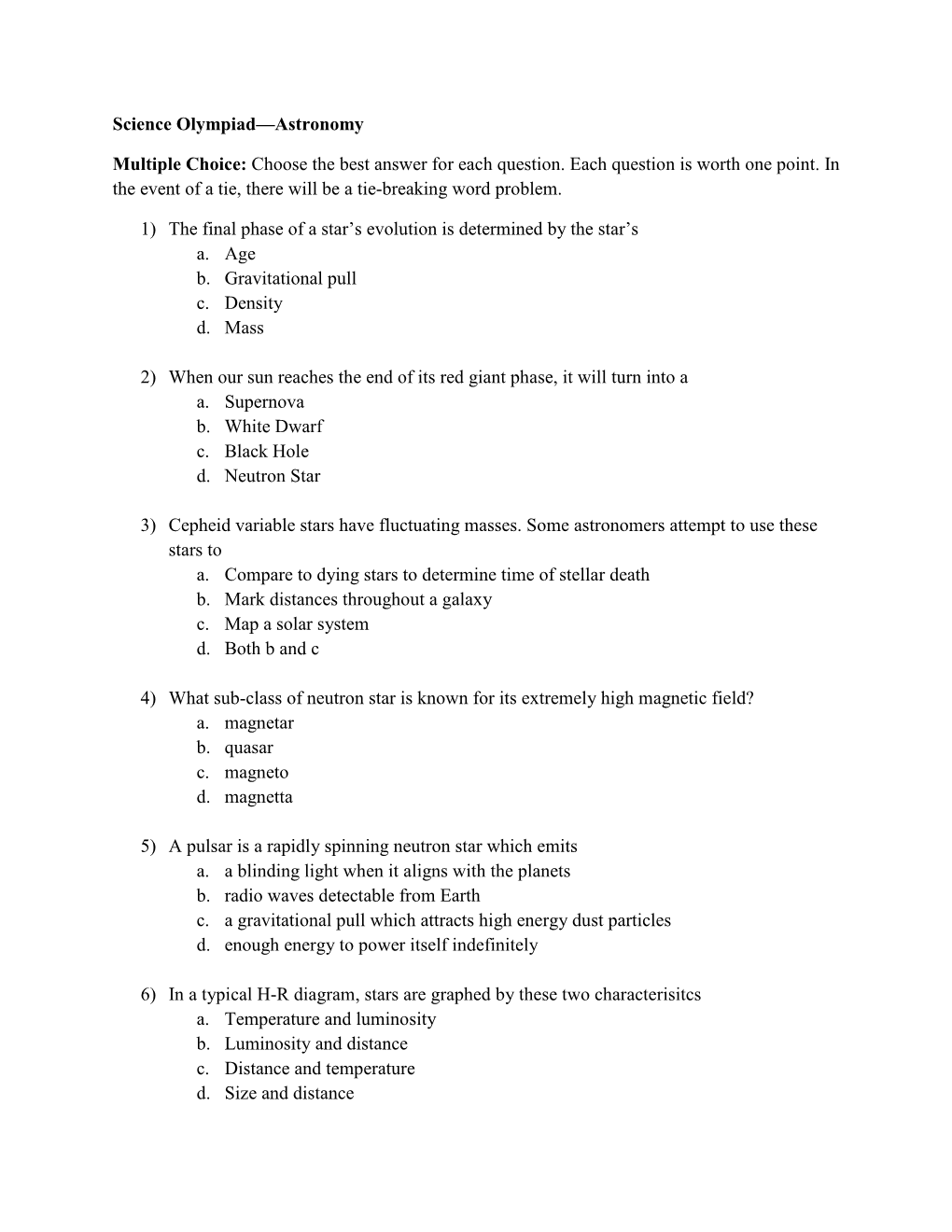 Science Olympiad—Astronomy Multiple Choice