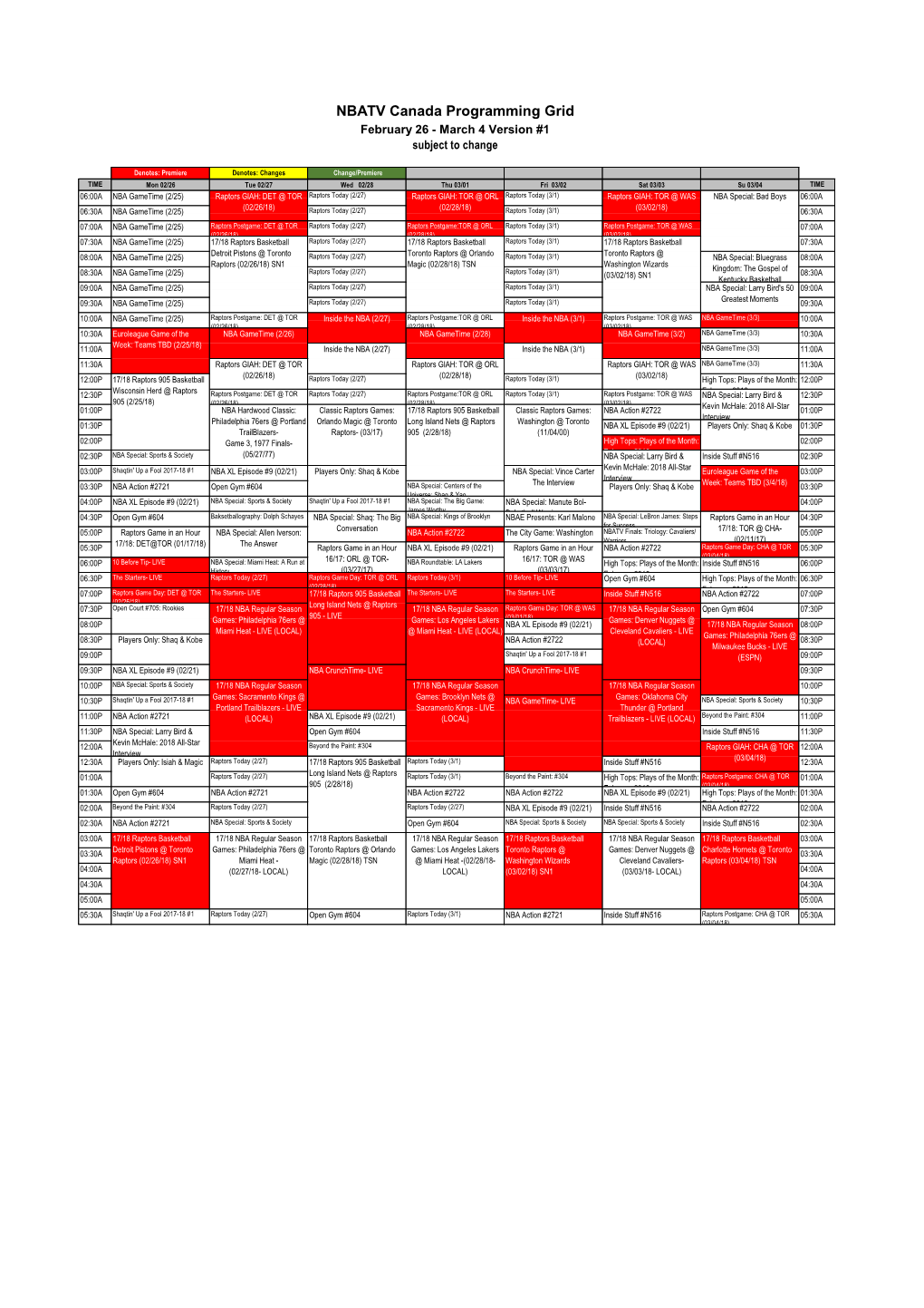 NBATV Canada Programming Grid February 26 - March 4 Version #1 Subject to Change