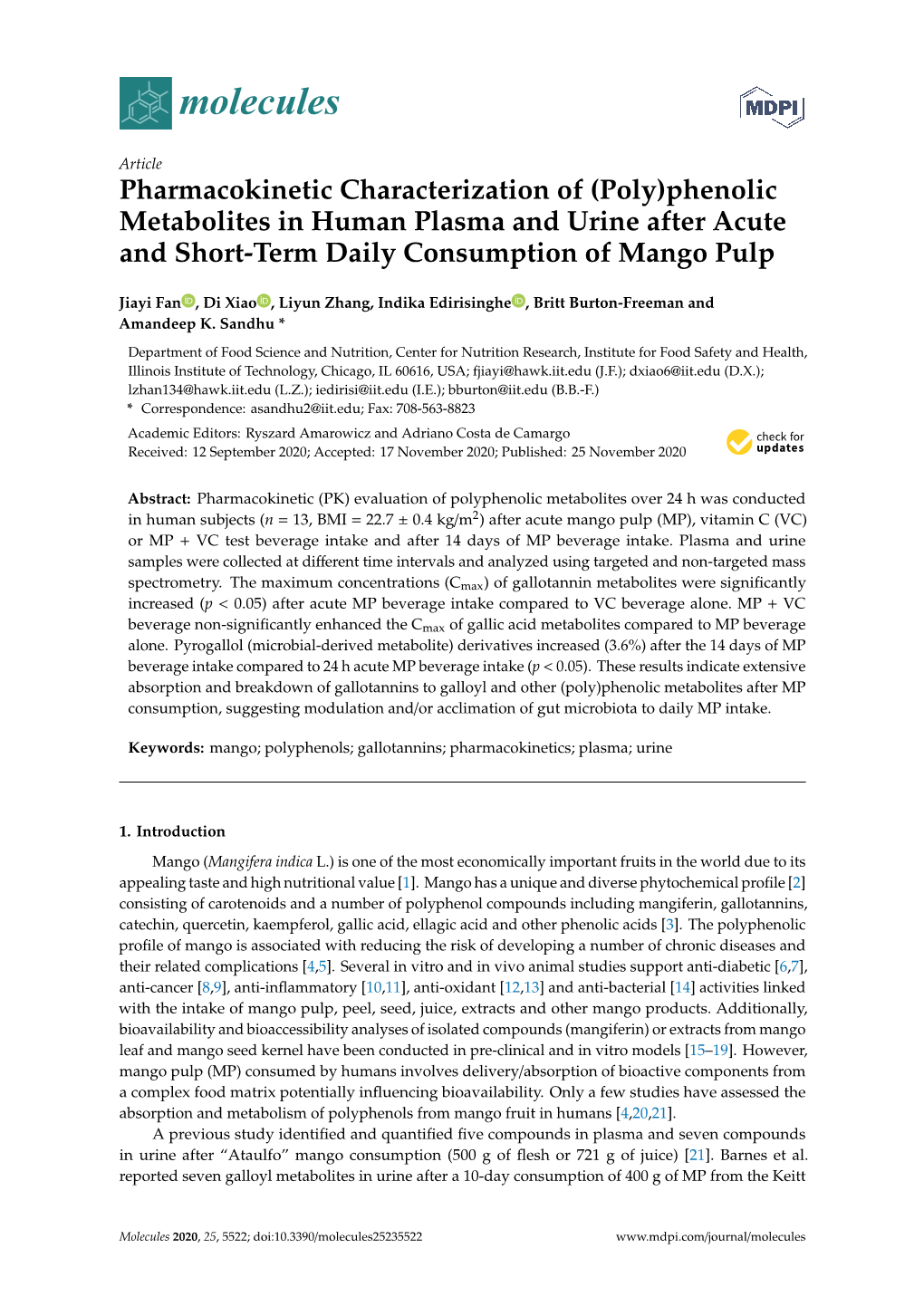 Pharmacokinetic Characterization of (Poly)Phenolic Metabolites in Human Plasma and Urine After Acute and Short-Term Daily Consumption of Mango Pulp