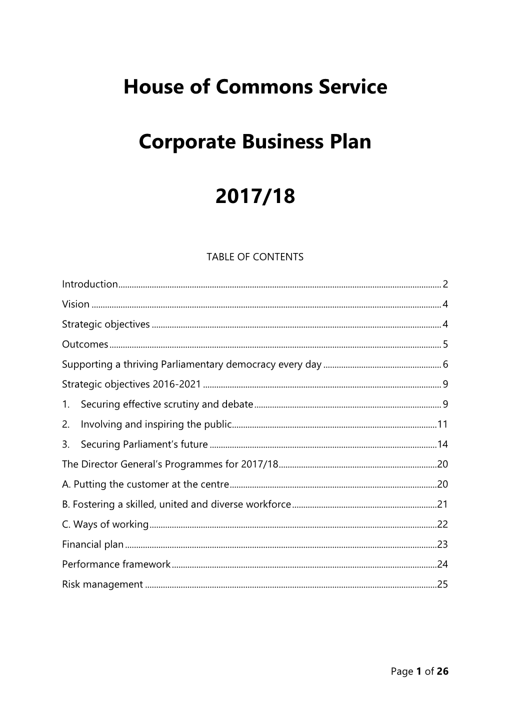 House of Commons Service Corporate Business Plan 2017/18