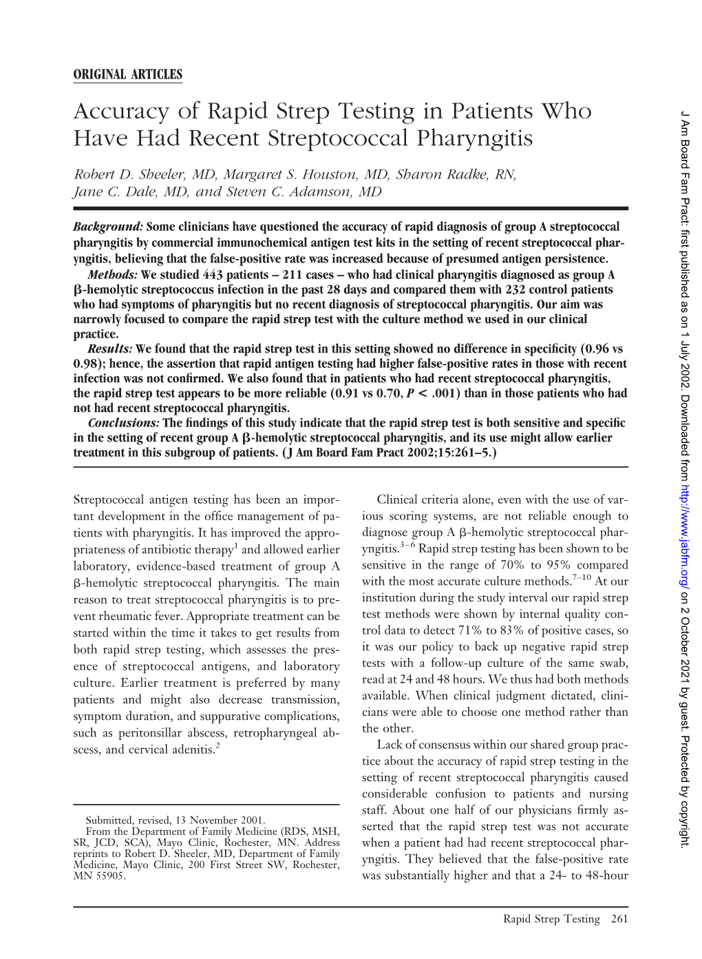 Accuracy of Rapid Strep Testing in Patients Who Have Had Recent Streptococcal Pharyngitis