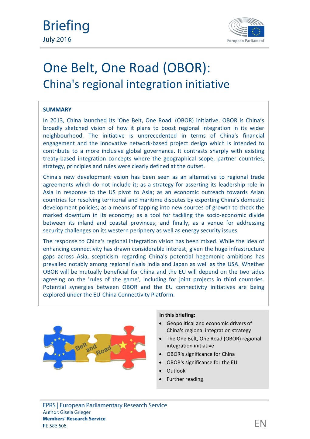 One Belt, One Road (OBOR): China's Regional Integration Initiative