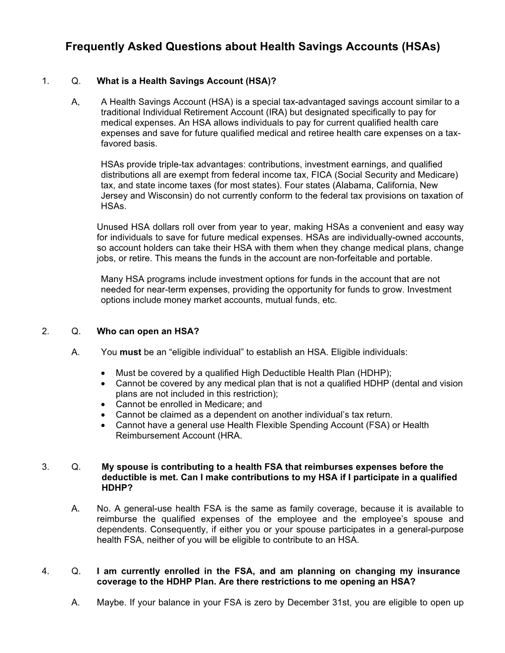 Frequently Asked Questions About Health Savings Accounts (Hsas)