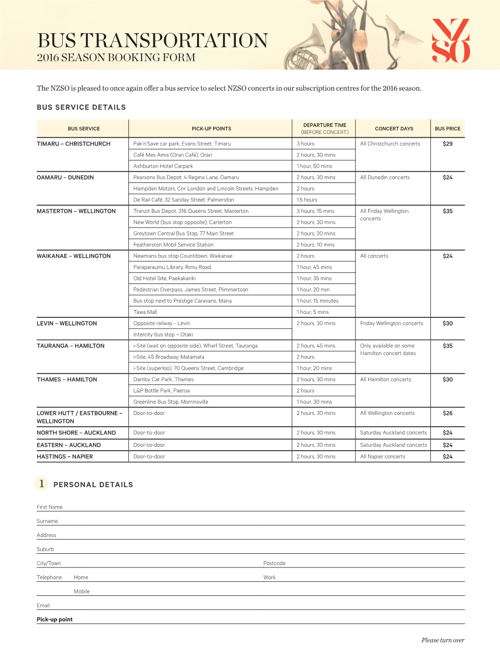 Bus Transportation 2016 Season Booking Form