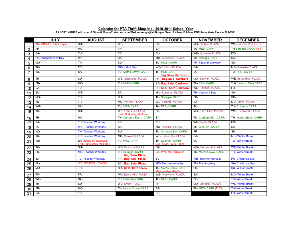 Calendar for PTA Thrift Shop Inc