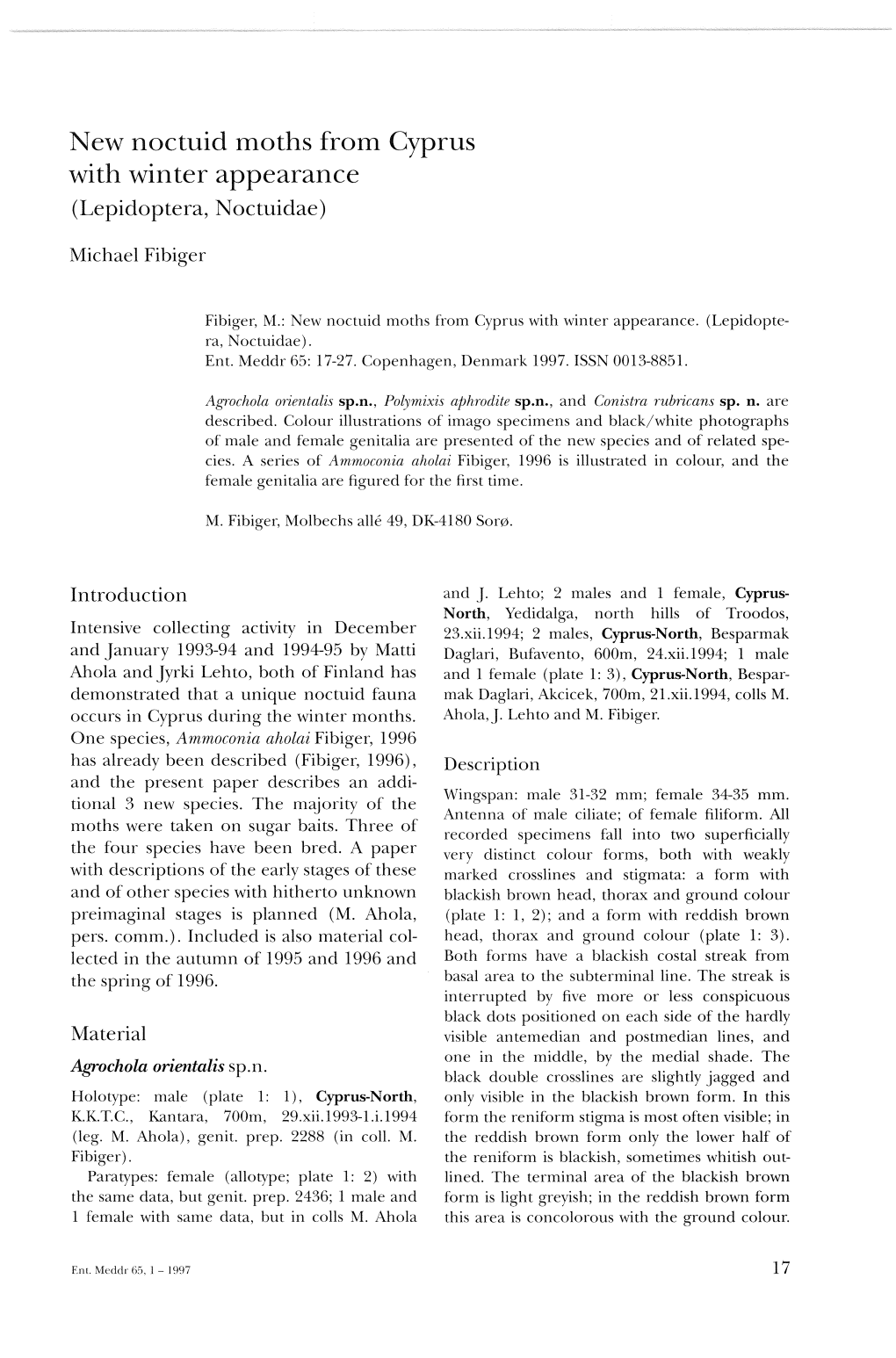 New Noctuid Moths from Cyprus with Winter Appearance (Lepidoptera, Noctuidae)