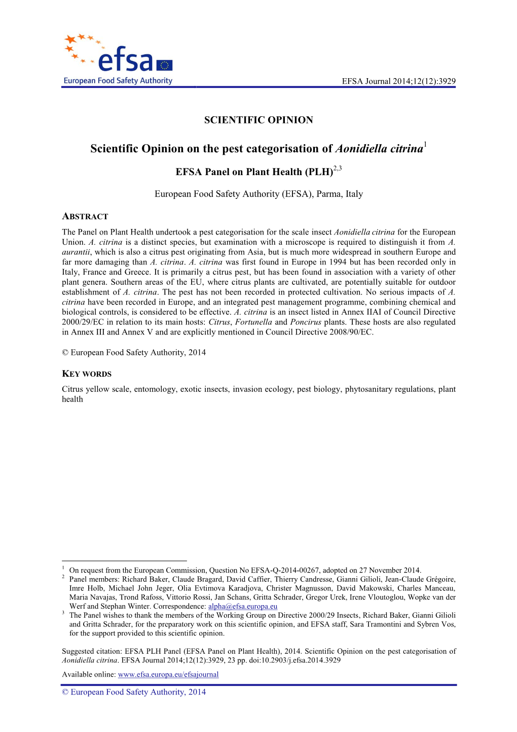 Scientific Opinion on the Pest Categorisation of <Em>Aonidiella