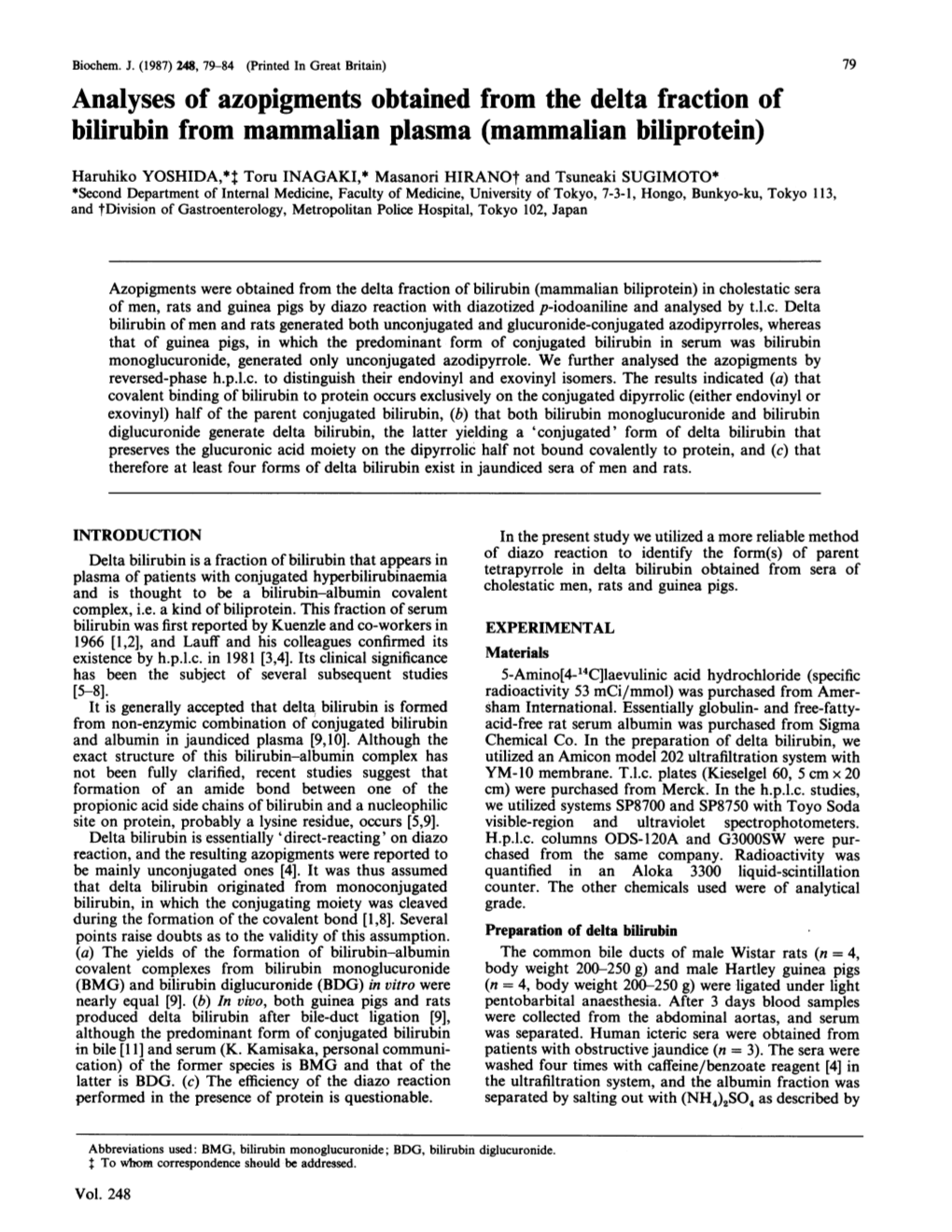 Analyses of Azopigments Obtained from the Delta Fraction of Bilirubin from Mammalian Plasma (Mammalian Biliprotein)