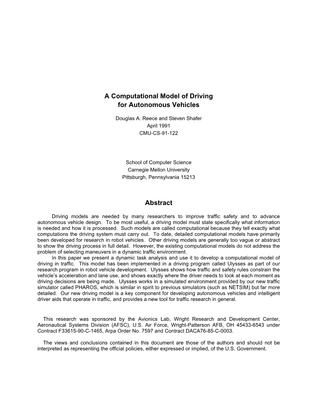 A Computational Model of Driving for Autonomous Vehicles Abstract