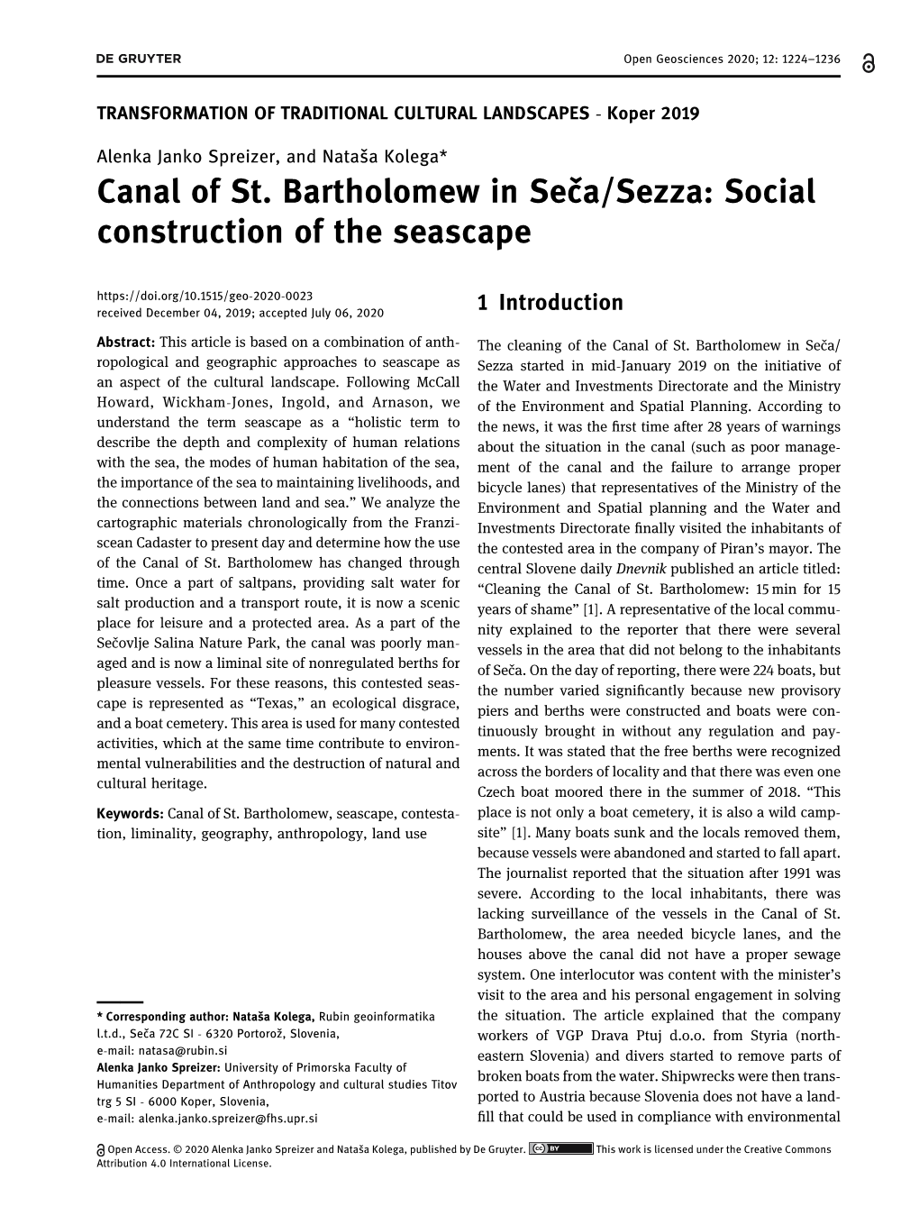 Canal of St. Bartholomew in Seča/Sezza: Social Construction of the Seascape