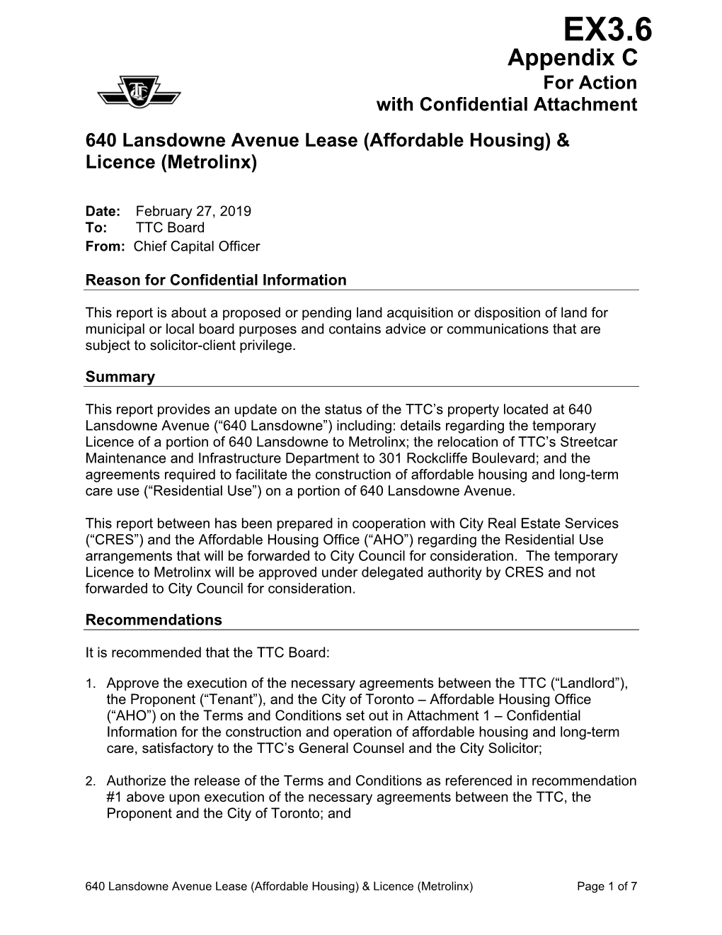 Affordable Housing) & Licence (Metrolinx)