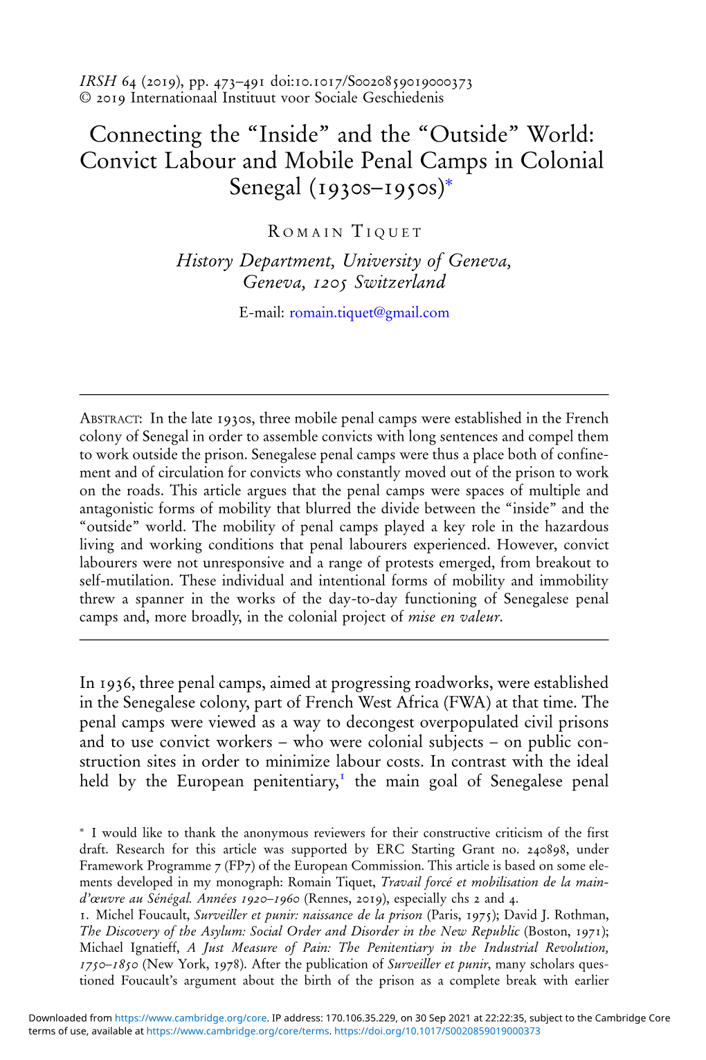 Convict Labour and Mobile Penal Camps in Colonial Senegal (S–S)∗