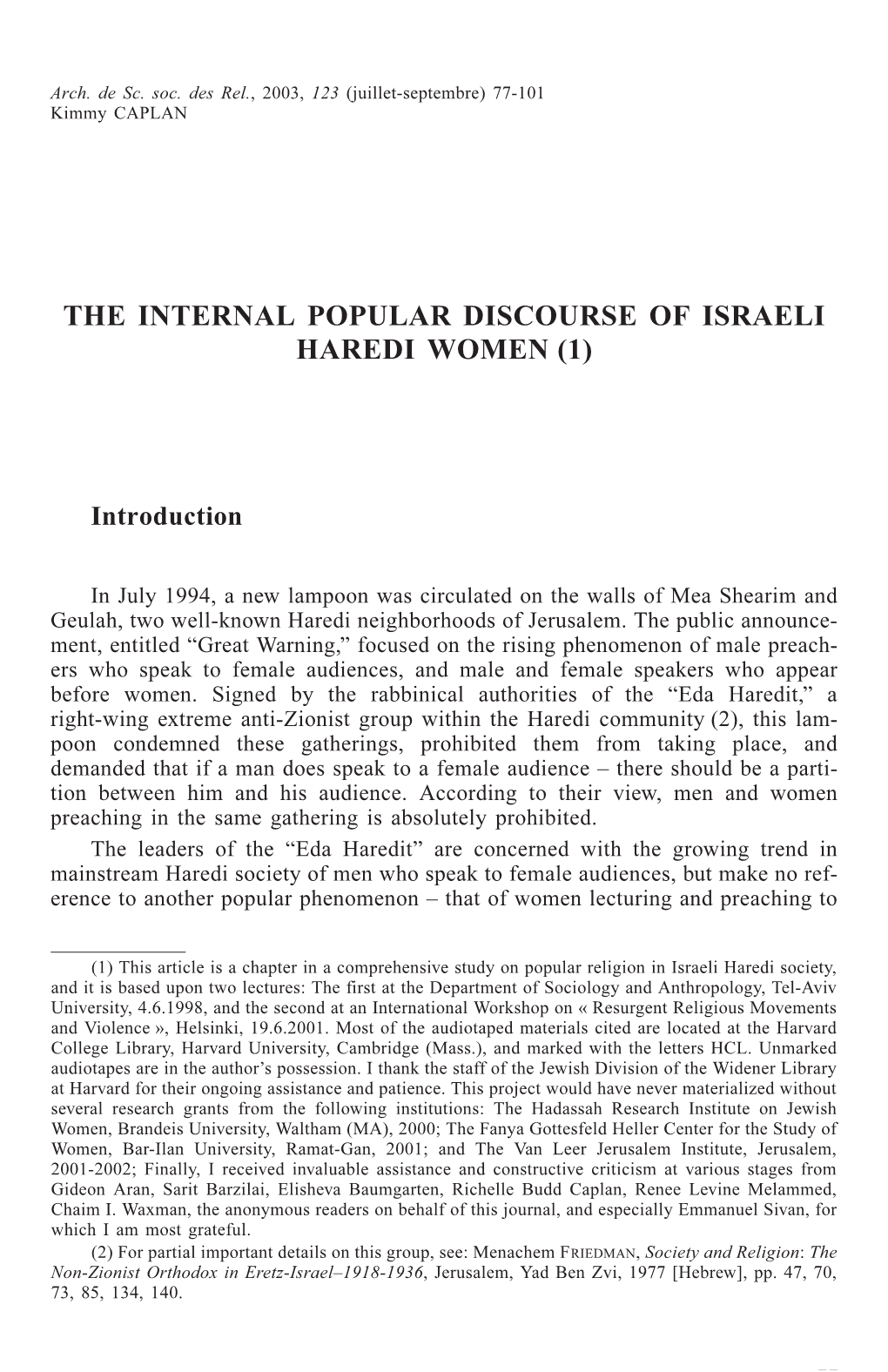 The Internal Popular Discourse of Israeli Haredi Women