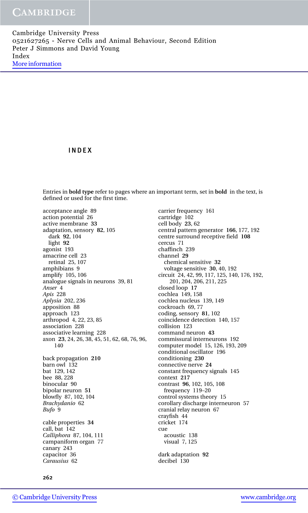 Nerve Cells and Animal Behaviour, Second Edition Peter J Simmons and David Young Index More Information