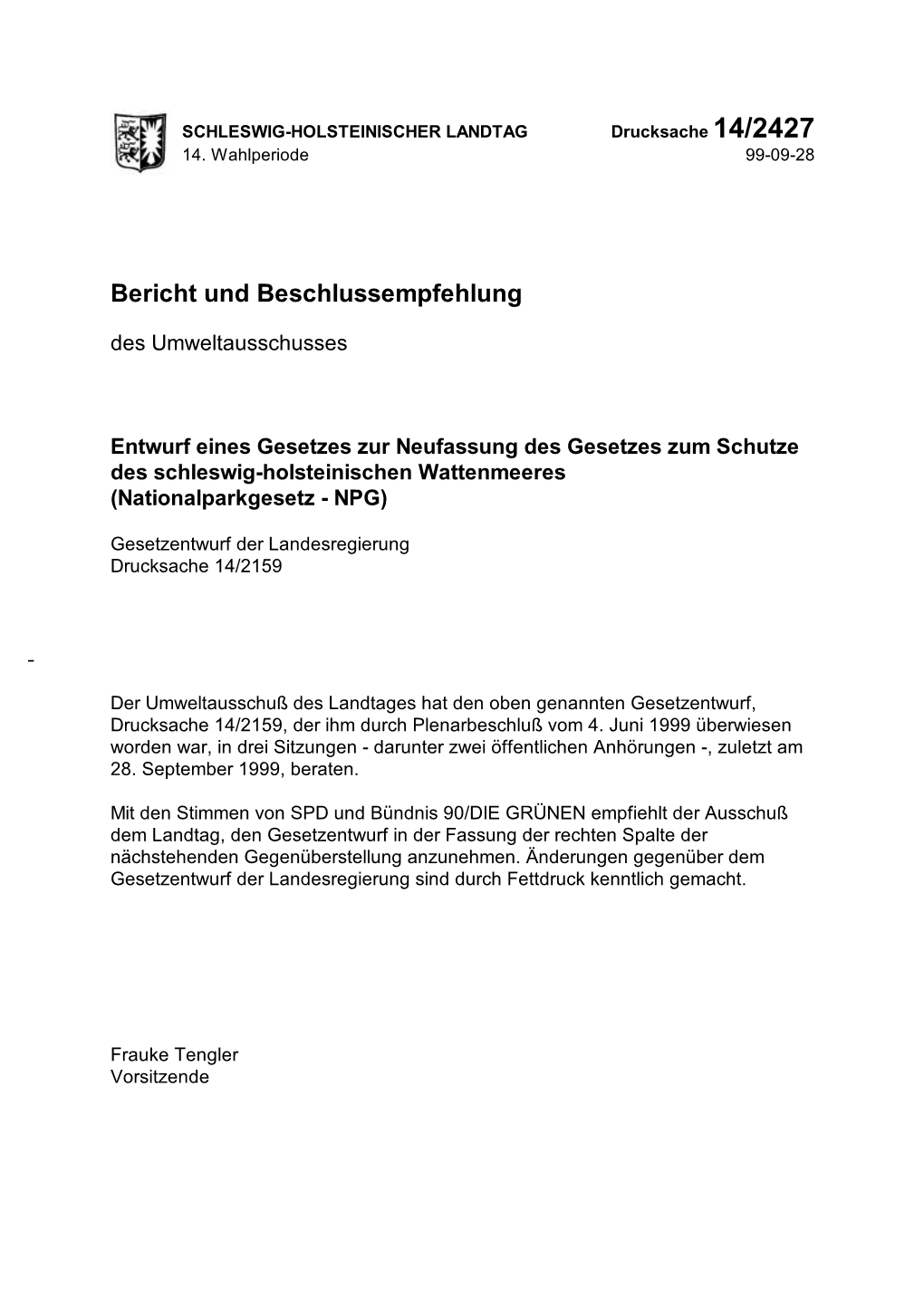 Bericht Und Beschlussempfehlung Des Umweltausschusses