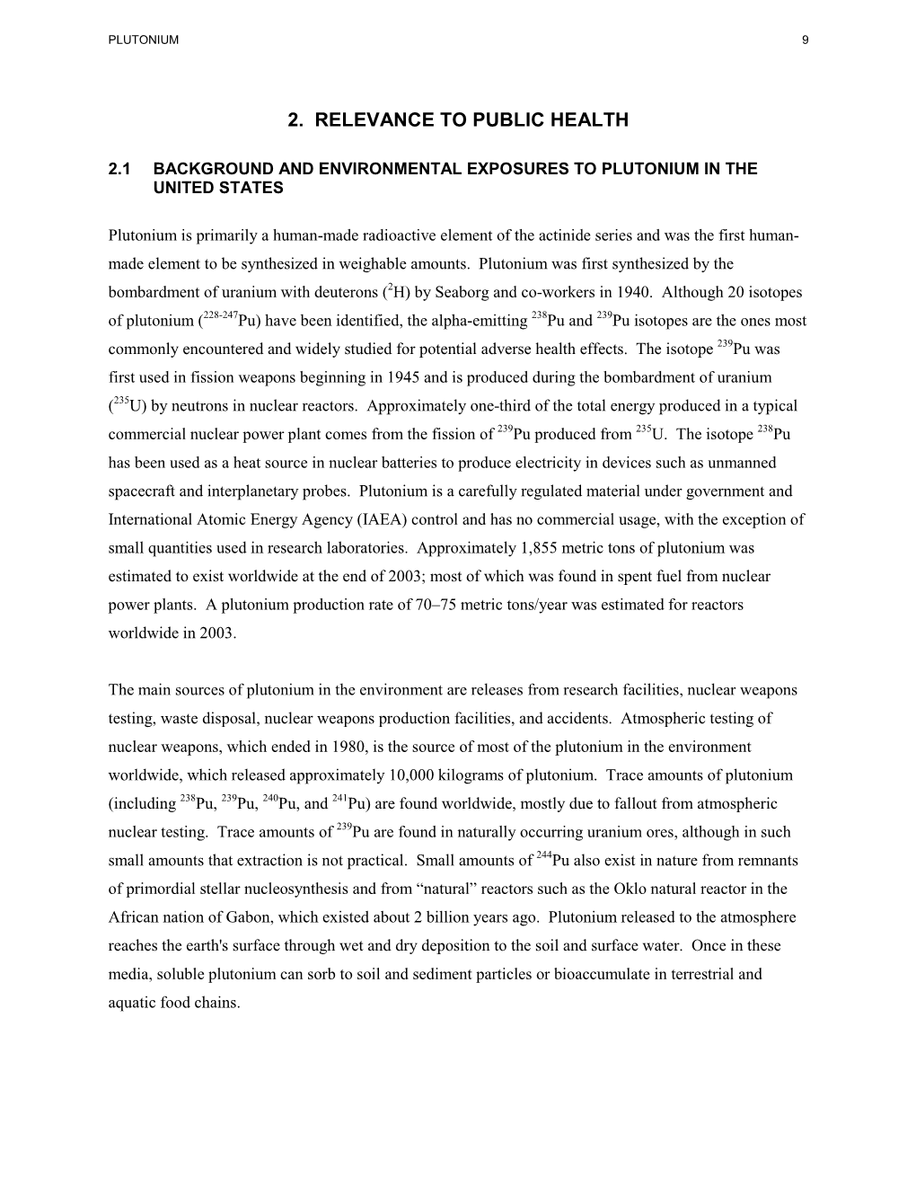 Toxicological Profile for Plutonium