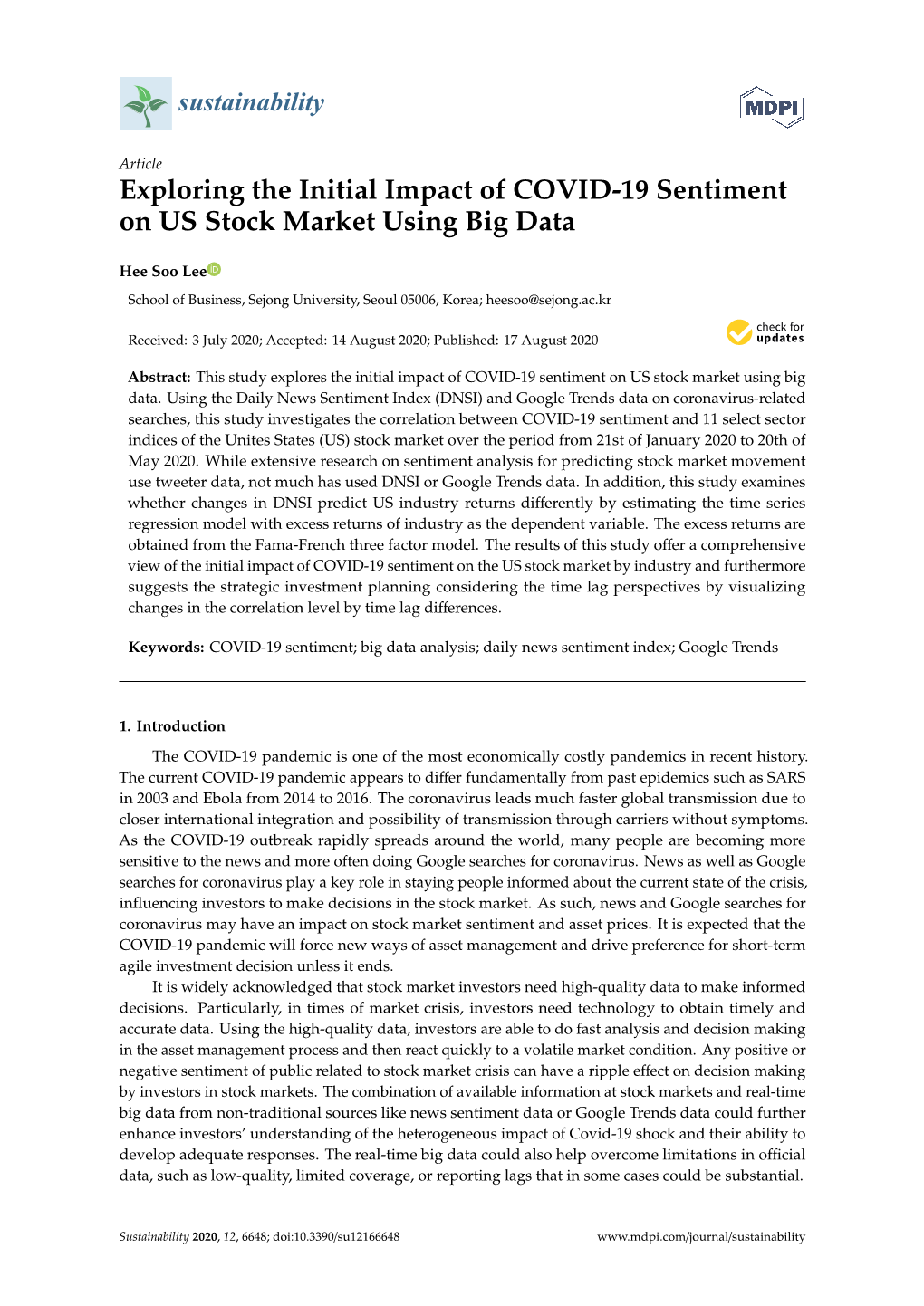 Exploring the Initial Impact of COVID-19 Sentiment on US Stock Market Using Big Data