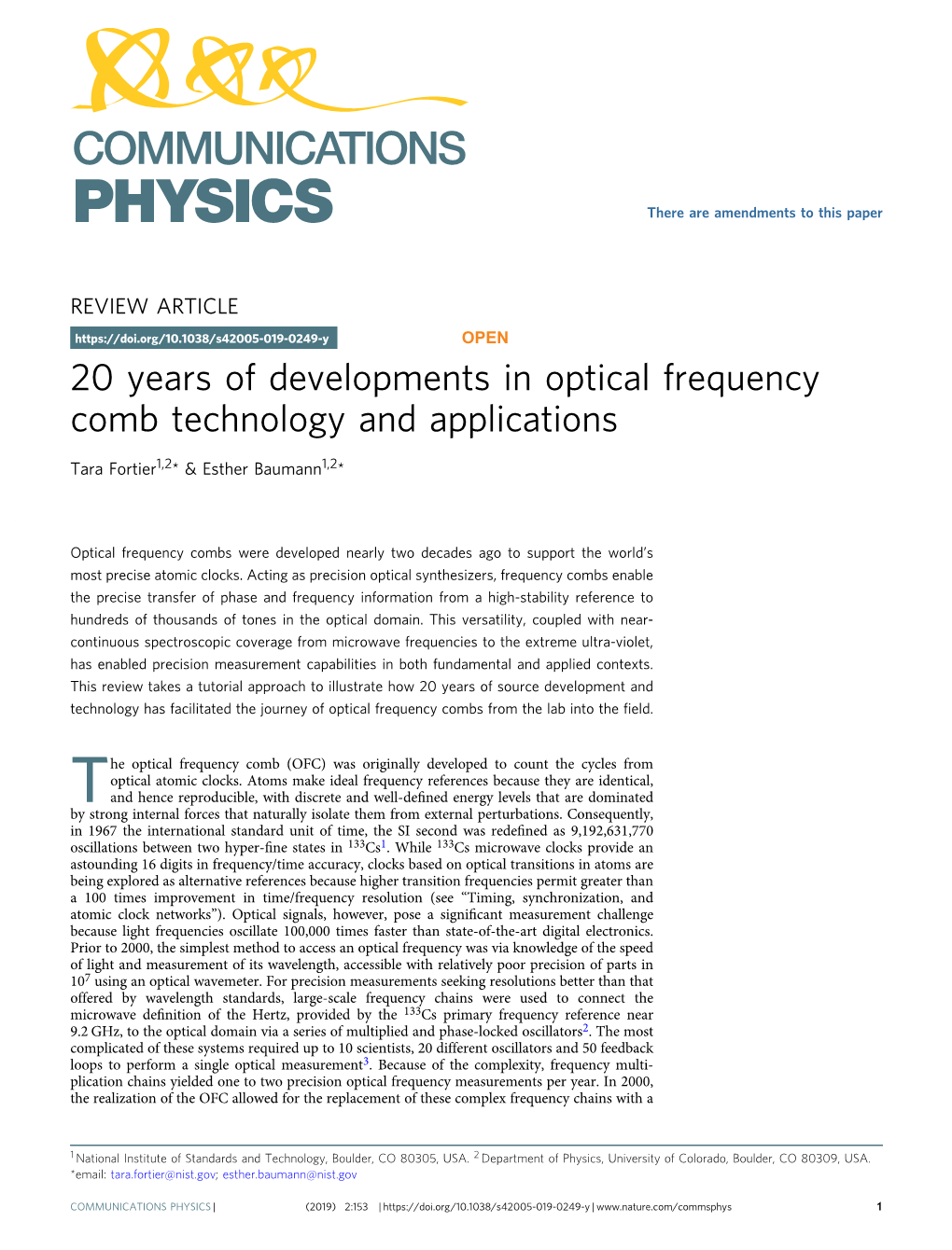 20 Years of Developments in Optical Frequency Comb Technology and Applications